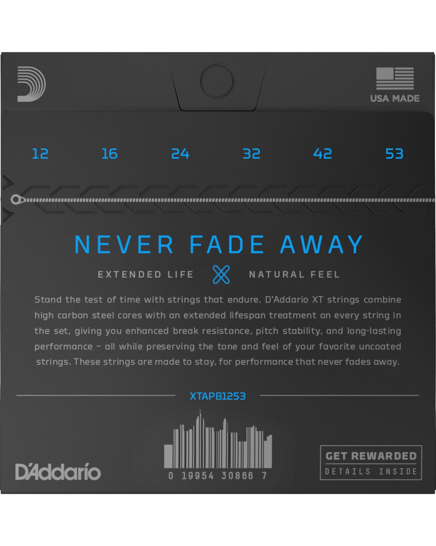 Back of D'Addario XT Phosphor Bronze Regular Light Gauge Acoustic Guitar Strings