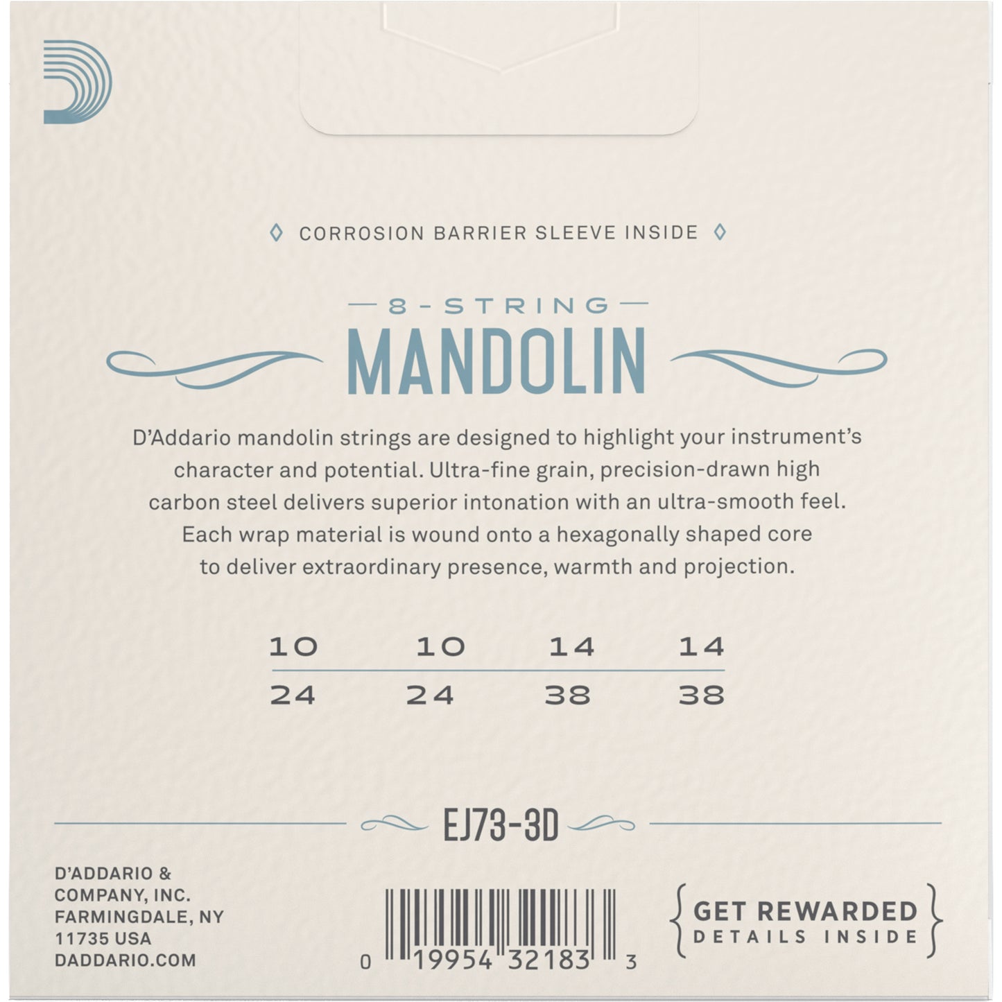 Back of D'Addario EJ73 Phosphor Bronze Light Gauge Mandolin Strings, 3-Pack