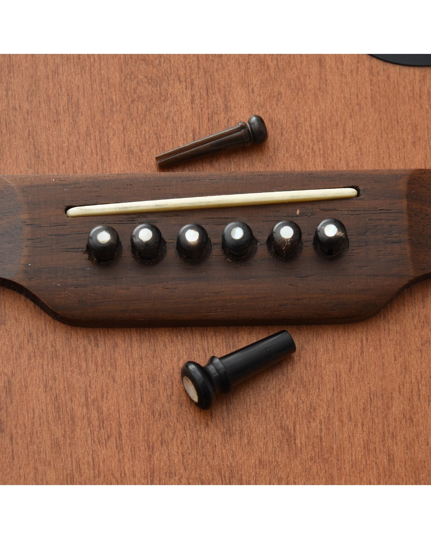 Front of John Pearse Buffalo Horn Bridge Pin Set