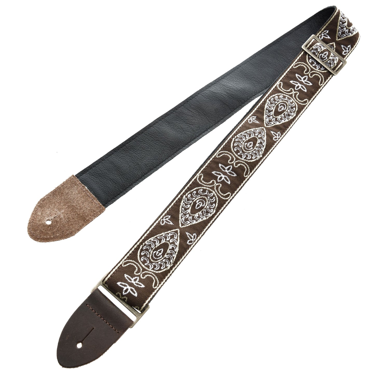 Back of Levy 2" Jacquard Weave Guitar Strap with Hootenanny Design