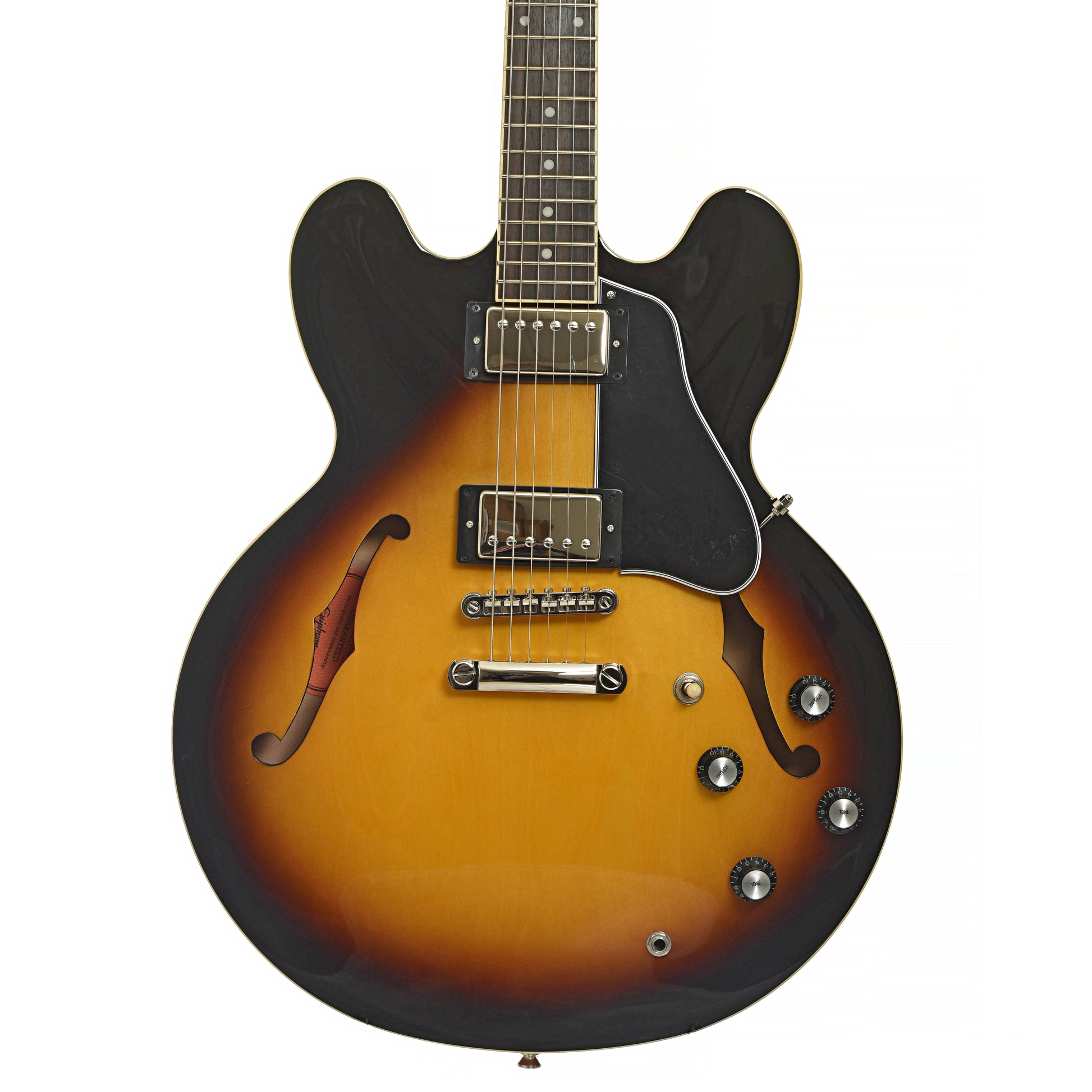 Front of Epiphone ES-335 Semi-Hollowbody Electric Guitar, Vintage Sunburst