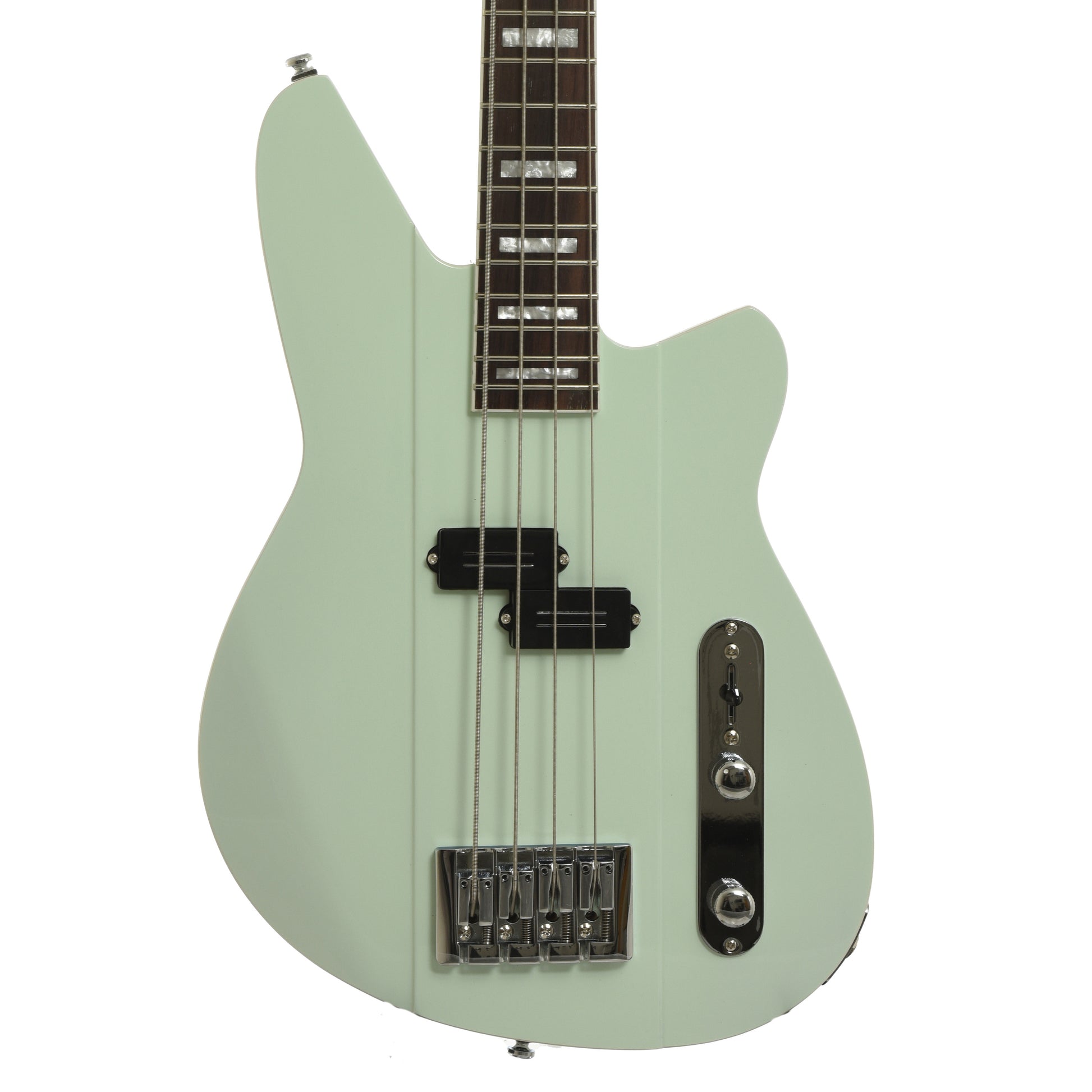 Front of Reverend Sentinel Short Scale Electric Bass Guitar, Iconic Blue