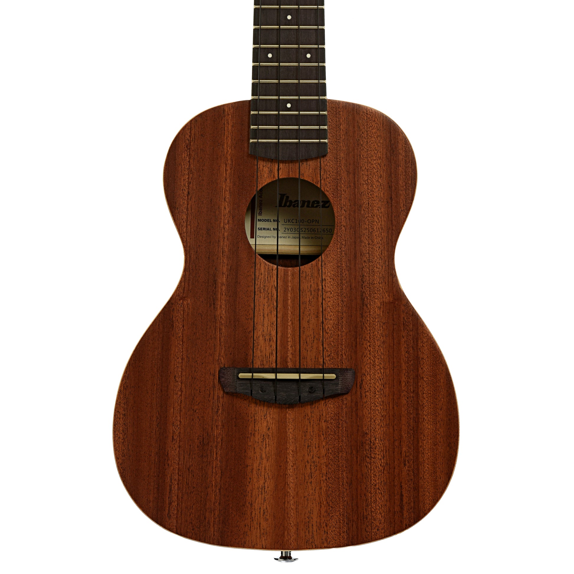 Front of Ibanez Concert Ukulele with Bag, Open Pore Natural