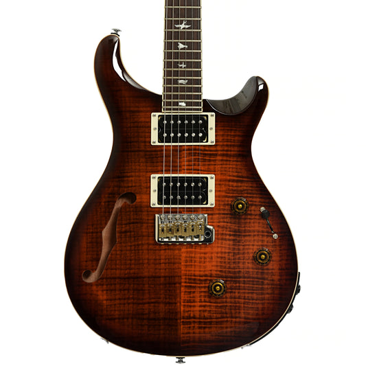 Front of PRS SE Custom 24 Semi-Hollow Piezo Orange Tiger Smokeburst Electric Guitar