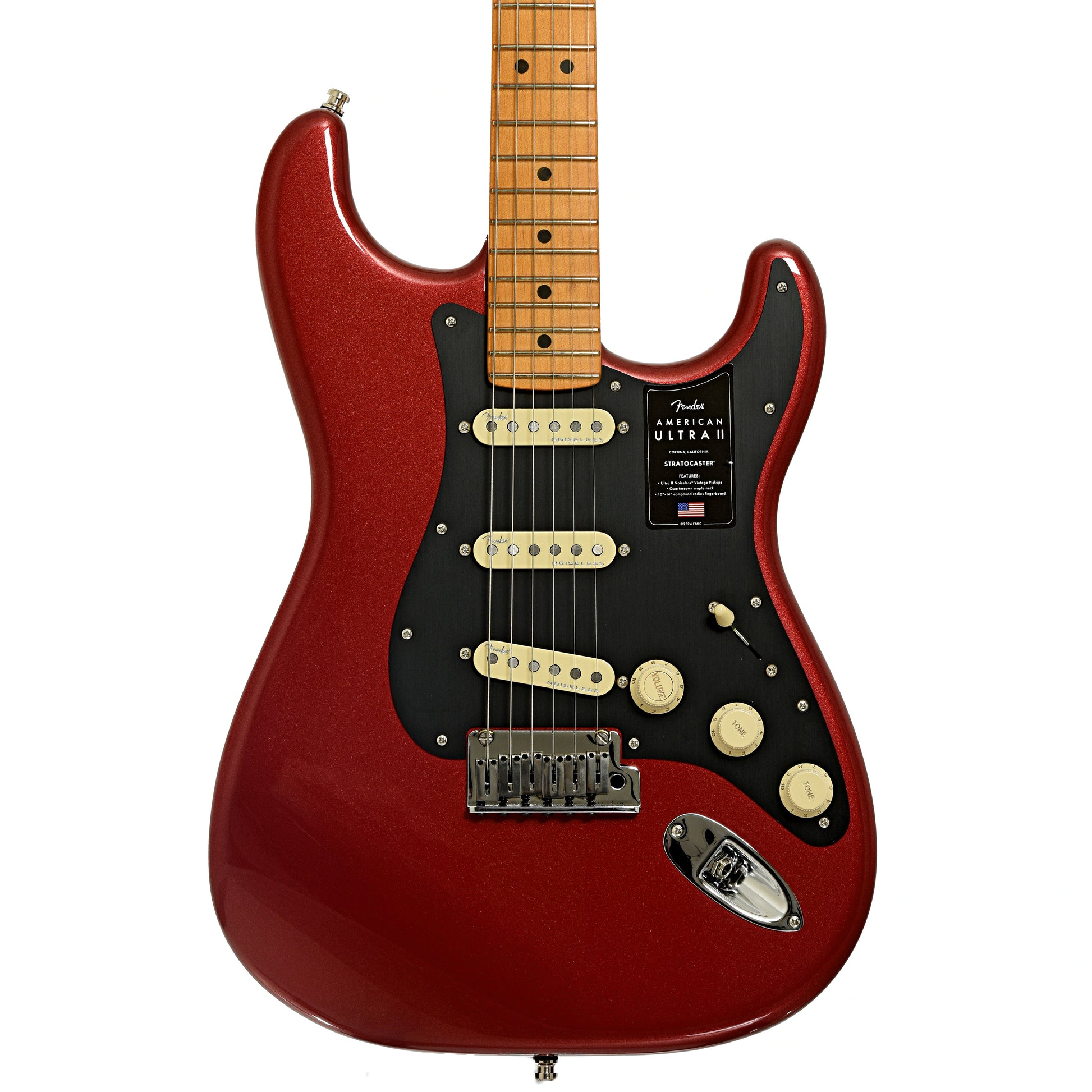Front of Fender American Ultra II Stratocaster Electric Guitar & Case, Sinister Red