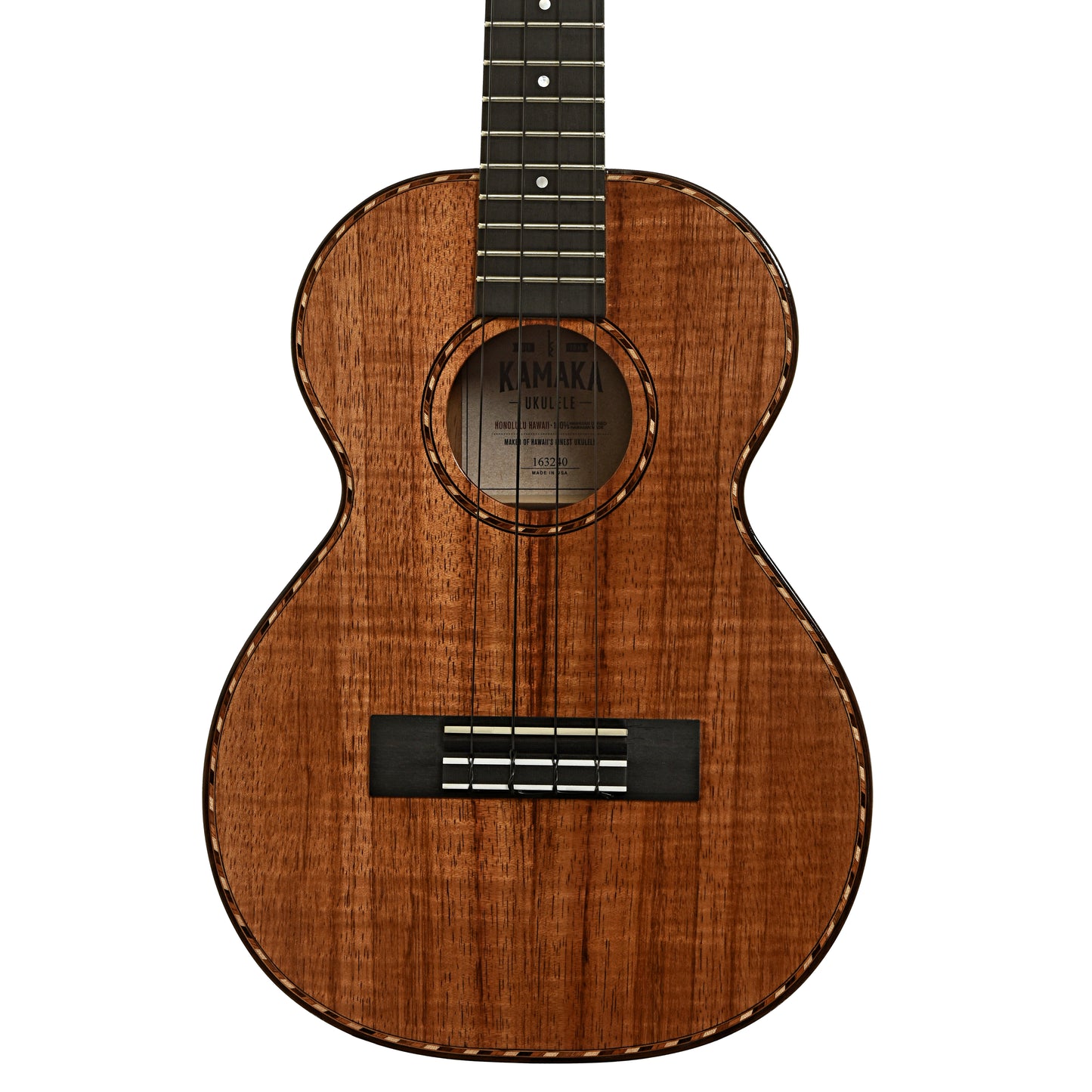 Front of Kamaka 100th Anniversary HF-3D Deluxe Tenor Ukulele with Case