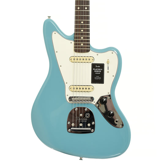 Front of Fender Player II Jaguar Electric Guitar, Aquatone Blue