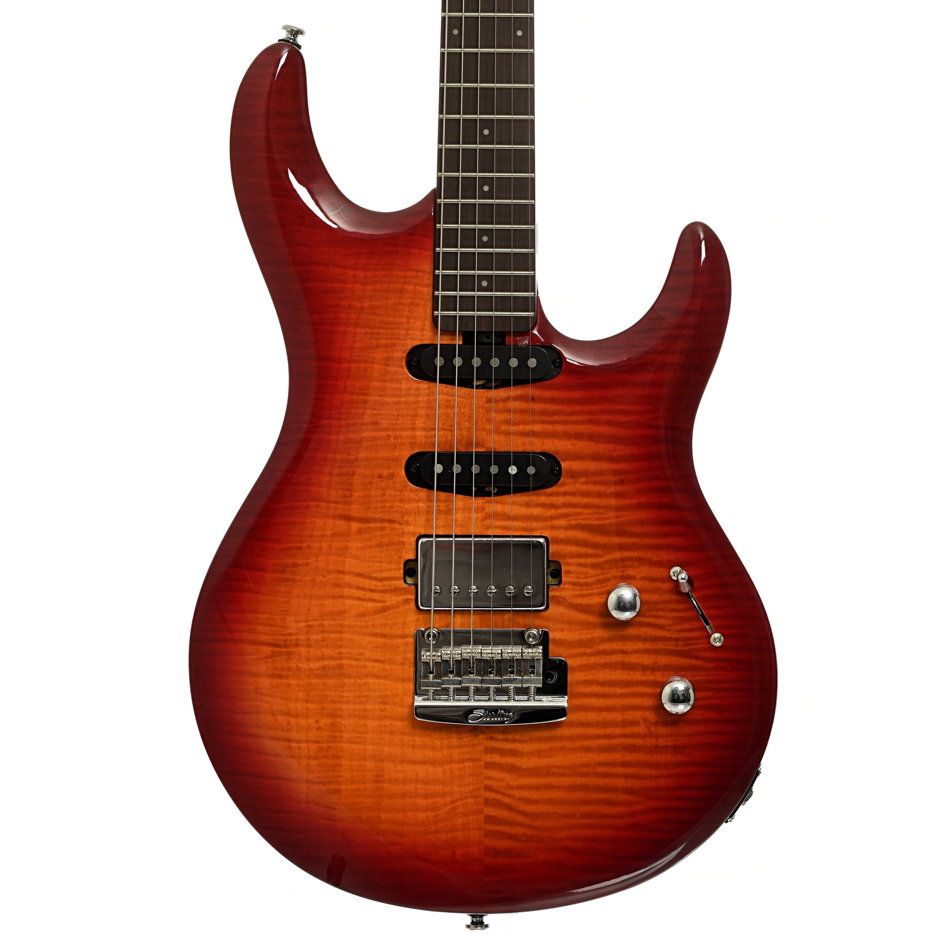 Front of Sterling by Music Man Luke HSS Electric Guitar, Heritage Cherry Burst 