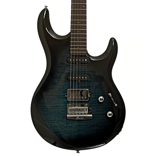 Front of Sterling by Music Man Luke HSS Electric Guitar, Yucatan Blue