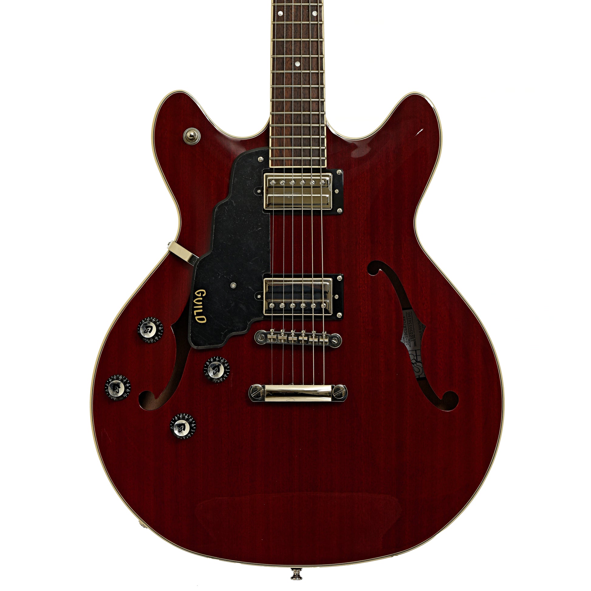 Front of Guild Starfire I Cherry Red Left Handed Semi-Hollow Body Electric Guitar