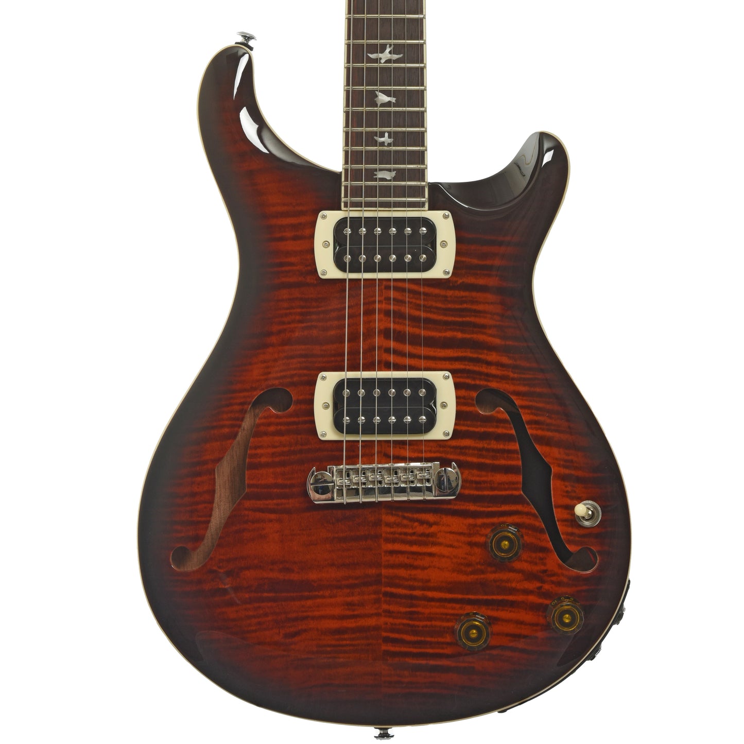Front of PRS SE Hollowbody I Piezo Electric Guitar, Orange Tiger Smokeburst