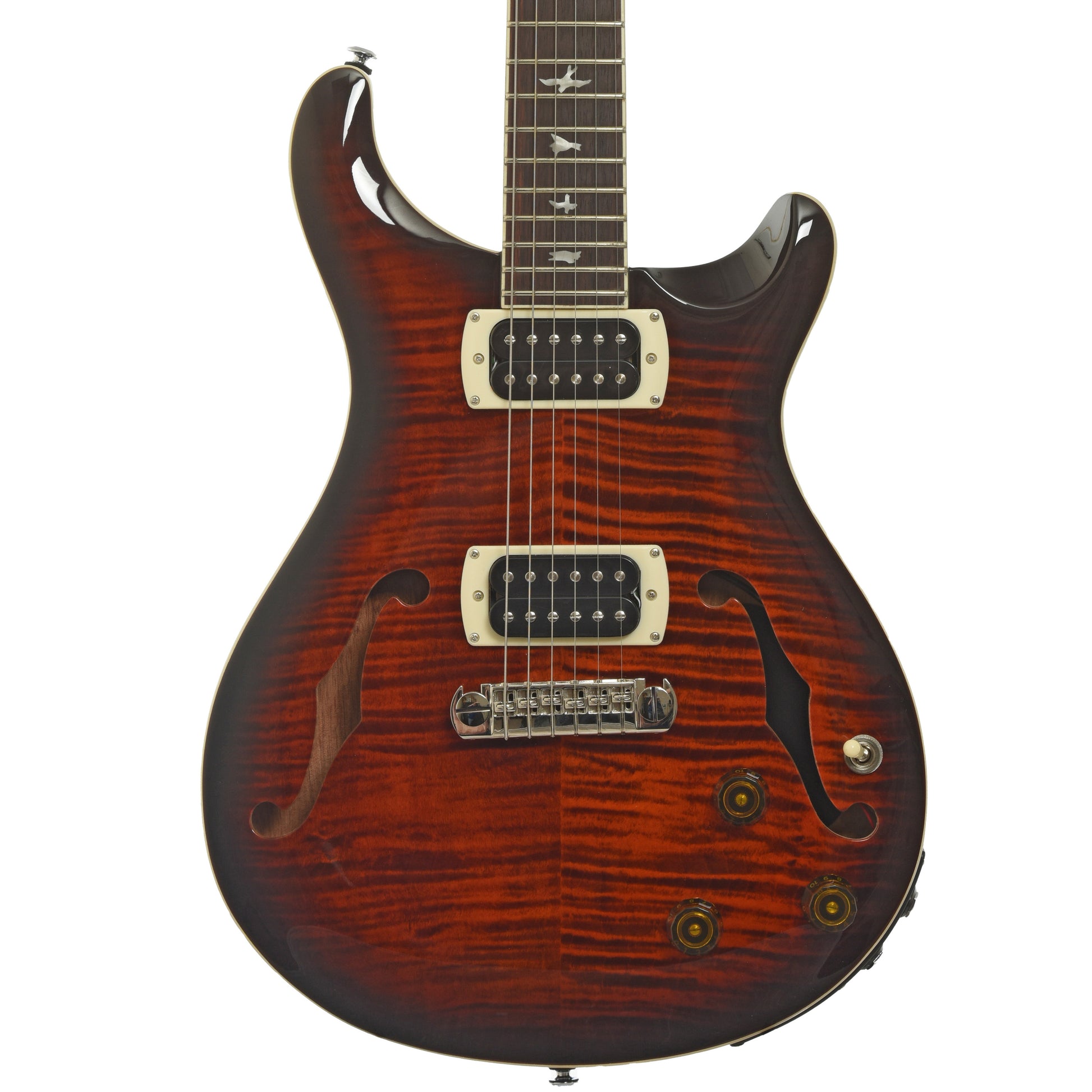 Front of PRS SE Hollowbody I Piezo Electric Guitar, Orange Tiger Smokeburst