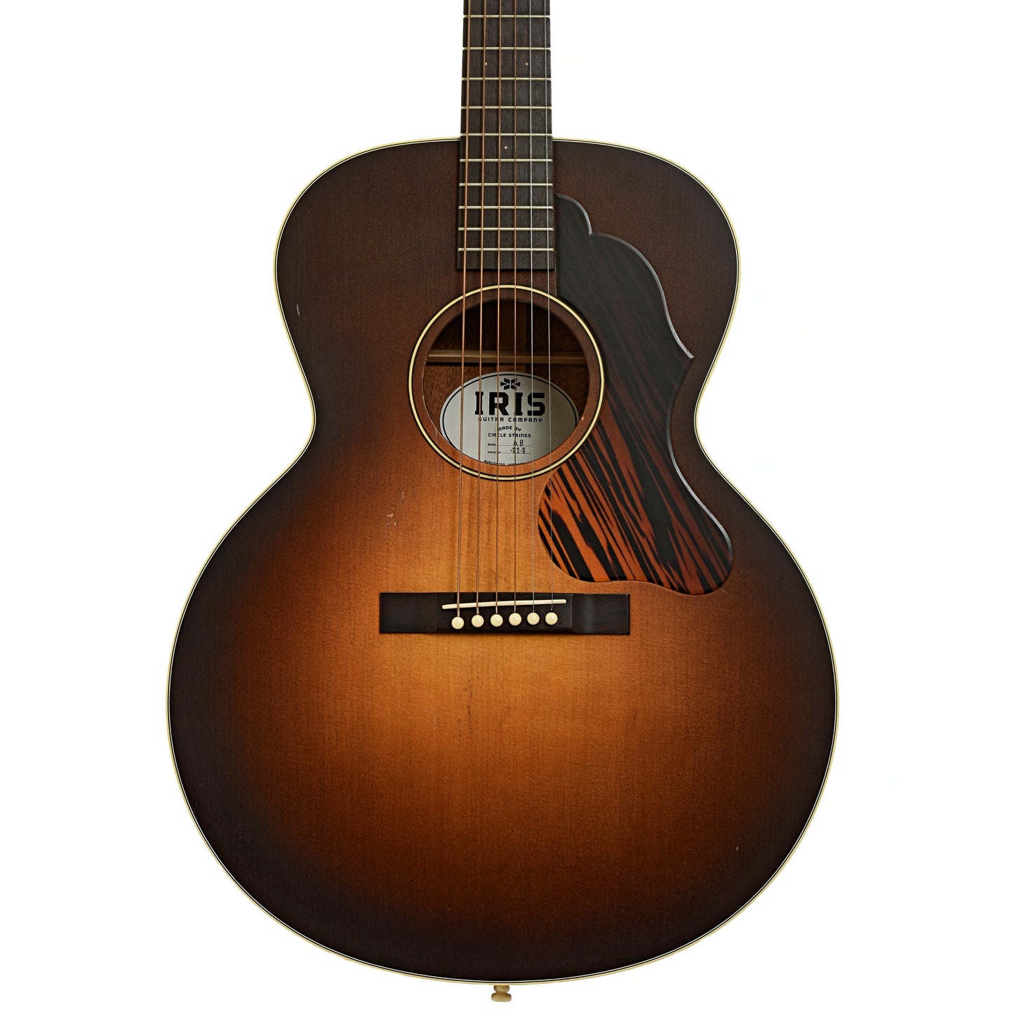 Front of Iris Guitar Company AB Burst Relic Wide-Nut Small Jumbo Acoustic Guitar