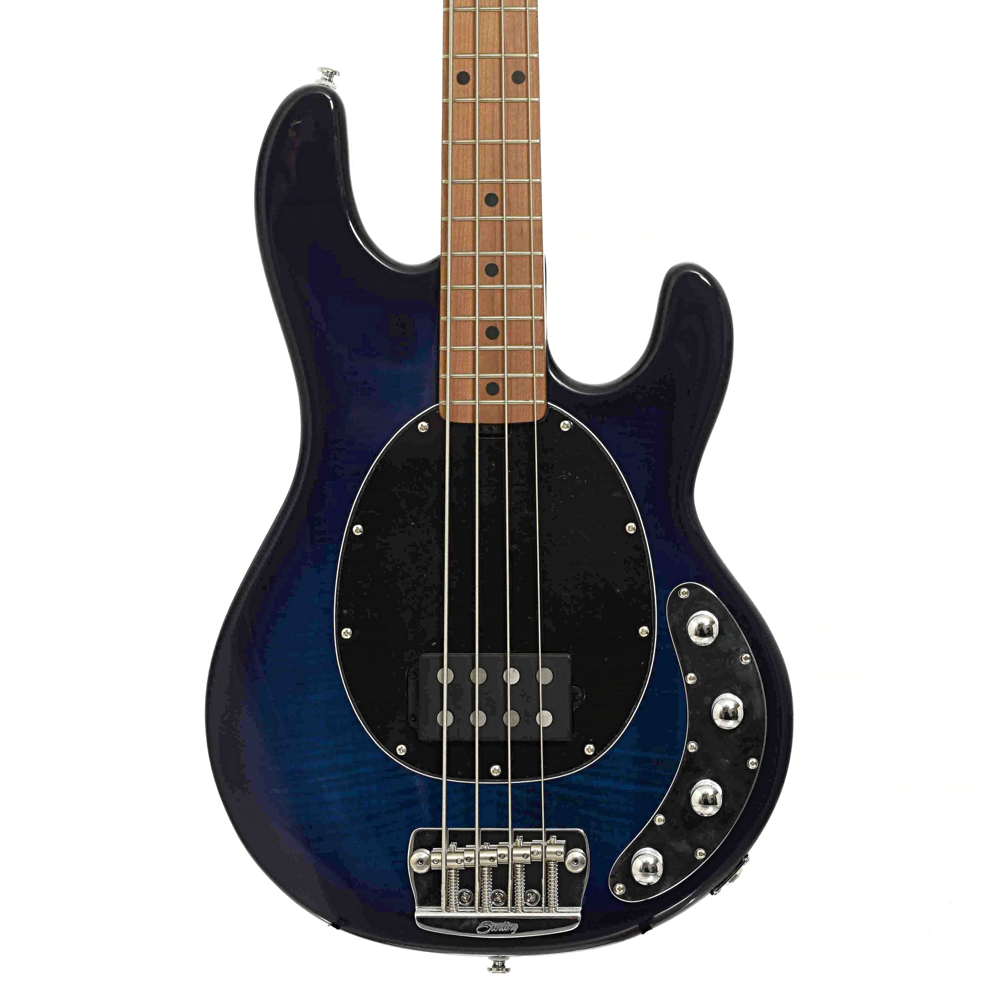 Front of Sterling by Music Man StingRay34 Flamed Maple 4-String Bass, Neptune Blue (2022)