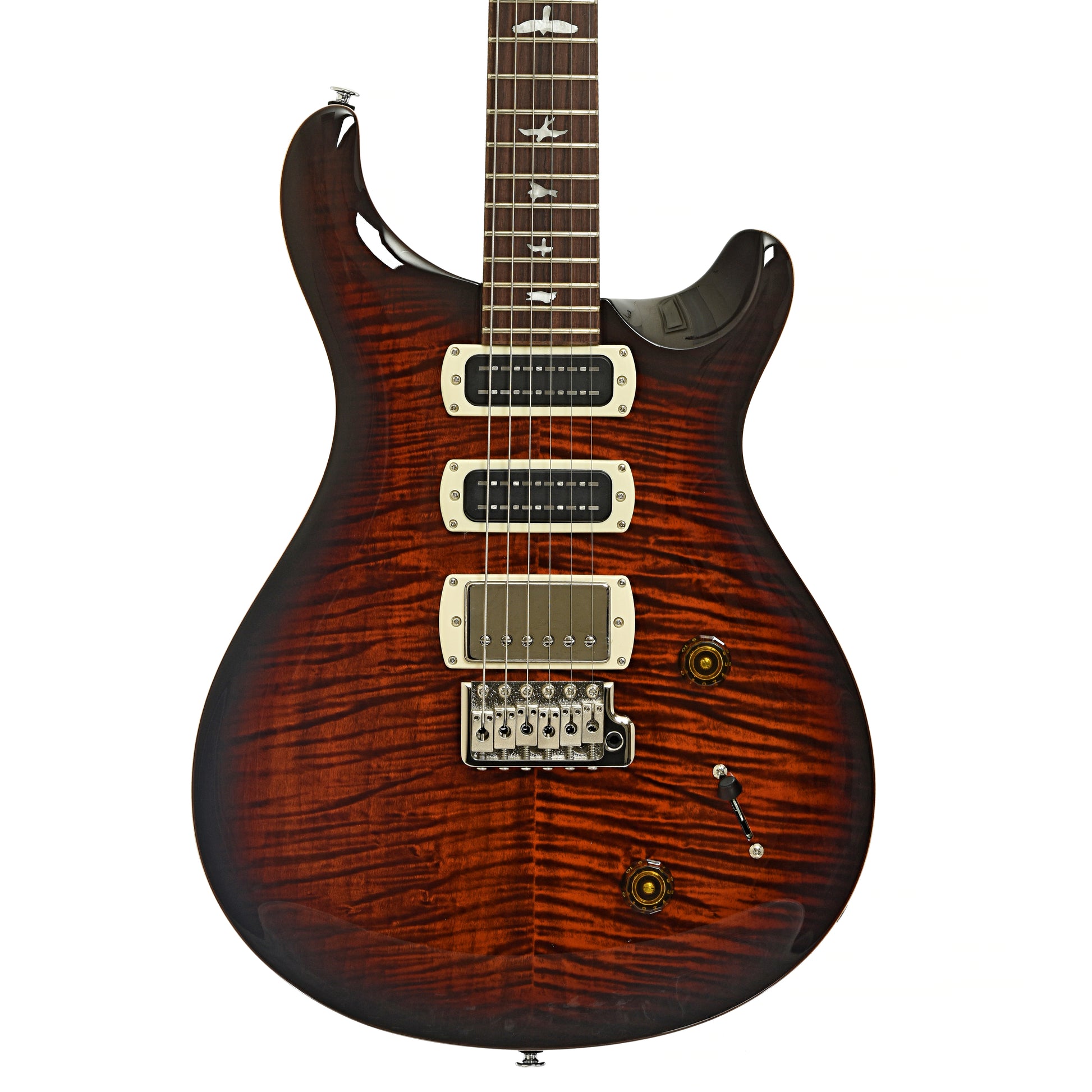 Front of PRS SE Studio Electric Guitar Orange Tiger Smokeburst