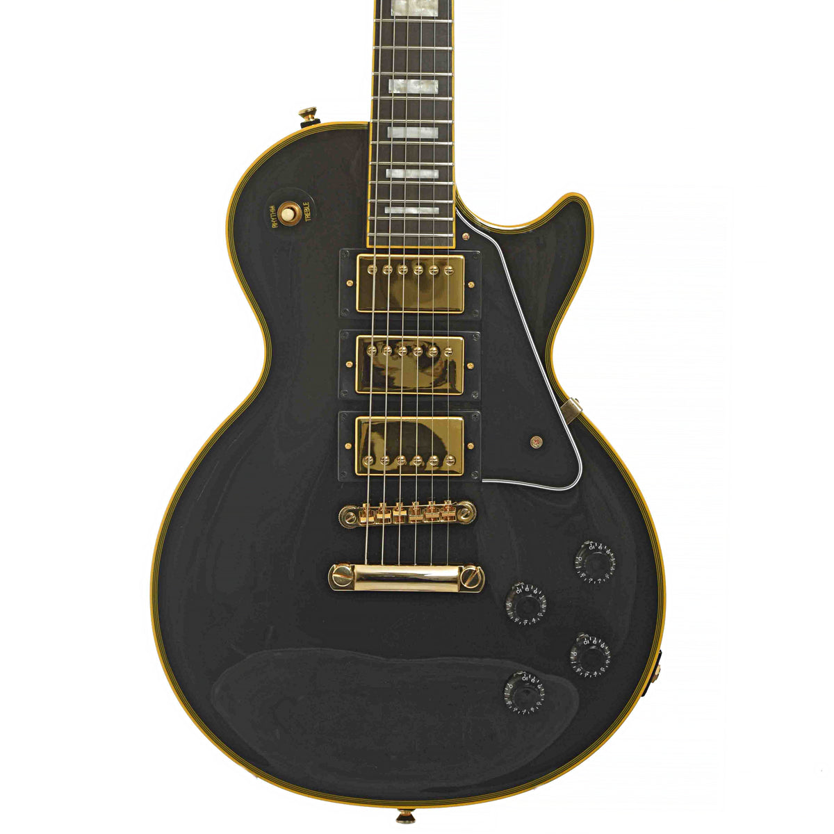Front of Epiphone Joe Bonamassa Black Beauty Les Paul Custom Electric Guitar