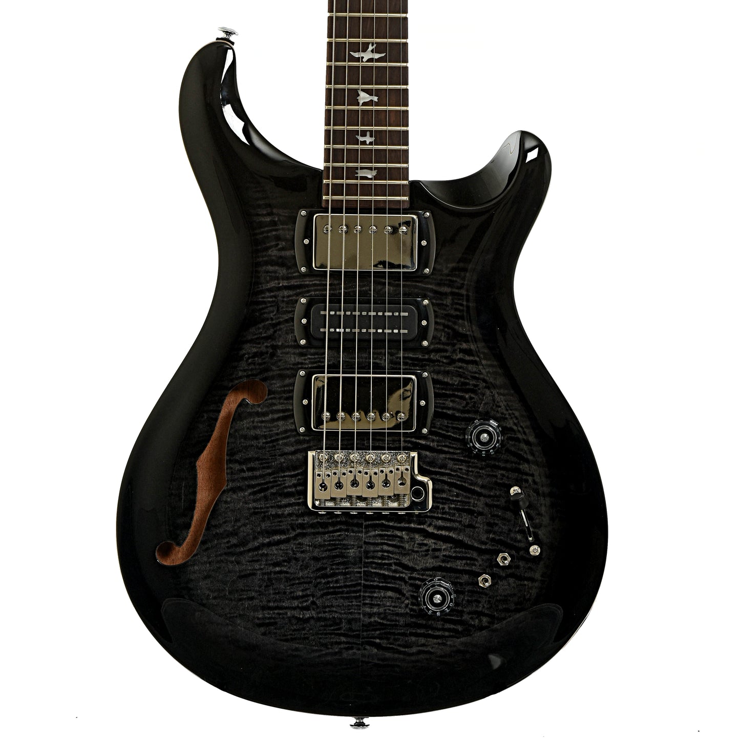 Front of PRS SE Special Semi-Hollow Electric Guitar Charcoal Burst
