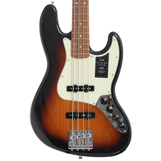 Front of Fender Player Plus Jazz Bass, 3-Color Sunburst