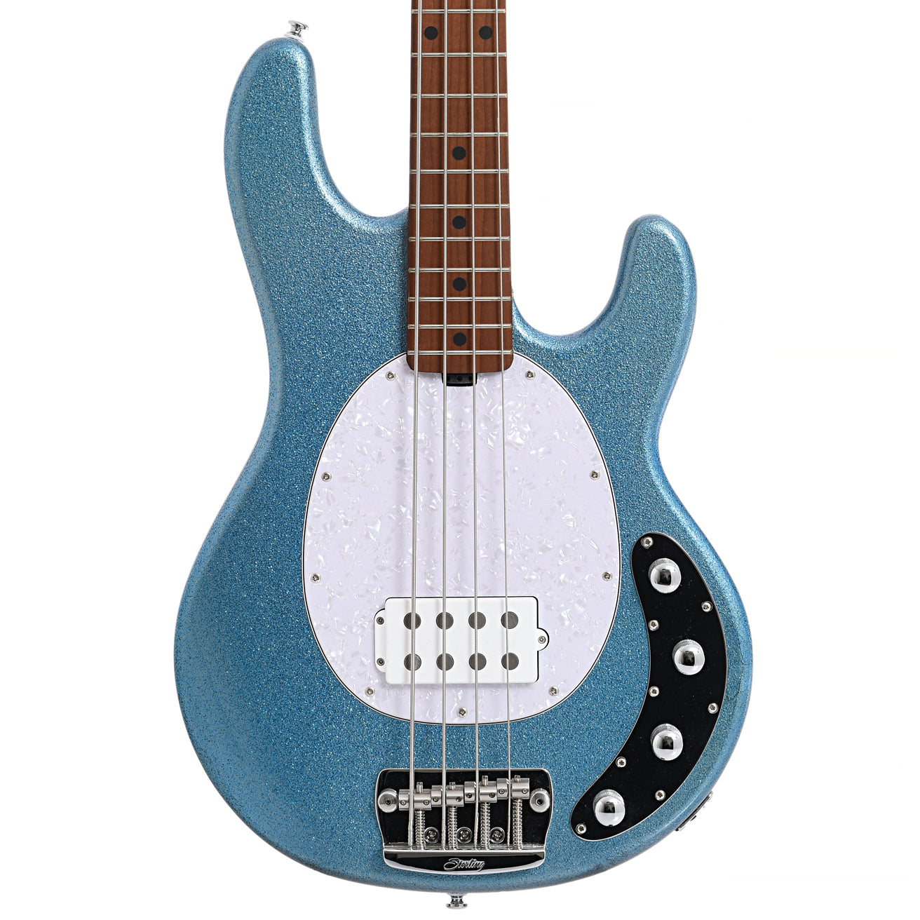 Front of Sterling by Music Man B-Stock Stingray34 4-String Bass, Blue Sparkle