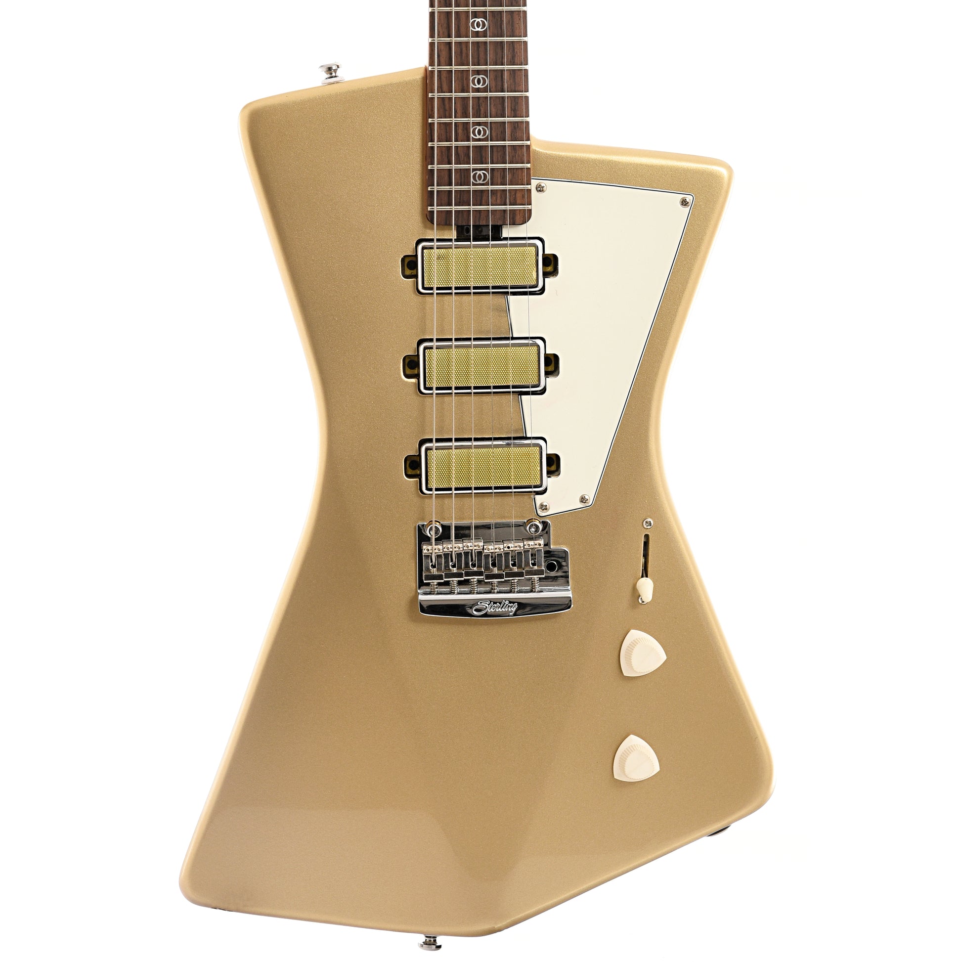 Front of Sterling by Music Man St. Vincent Goldie Electric Guitar, Cashmere