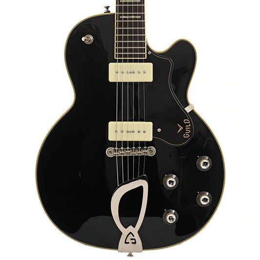 Front of Guild Newark St. Collection M-75 Aristocrat Hollow Body Archtop Guitar, Limited Edition Black Finish