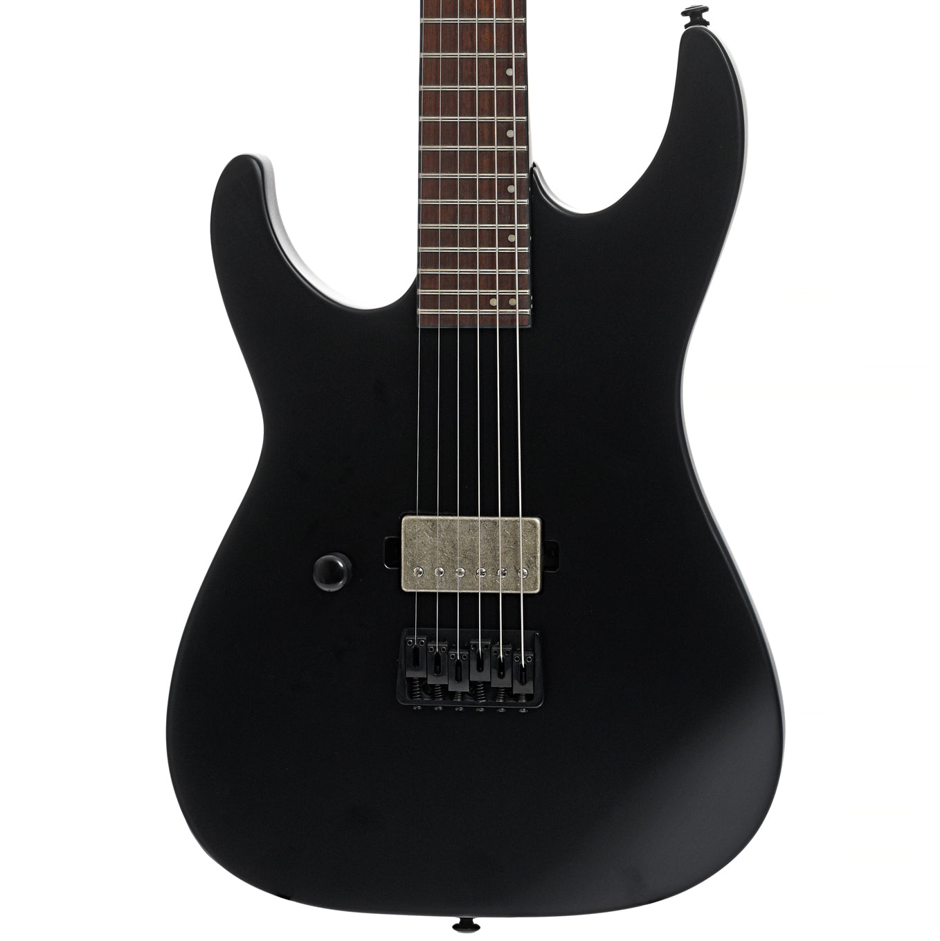 Front of ESP LTD Left Handed M-201HT Electric Guitar, Black Satin