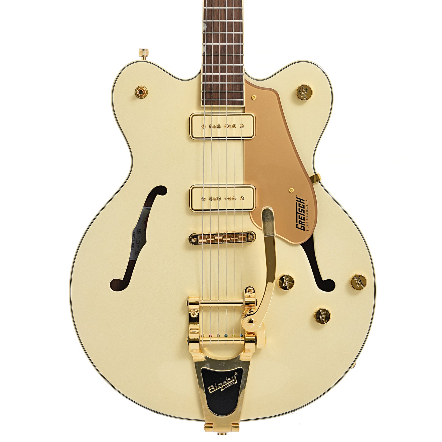 front of Gretsch Electromatic Pristine LTD Double-Cut with Bigsby, White Gold
