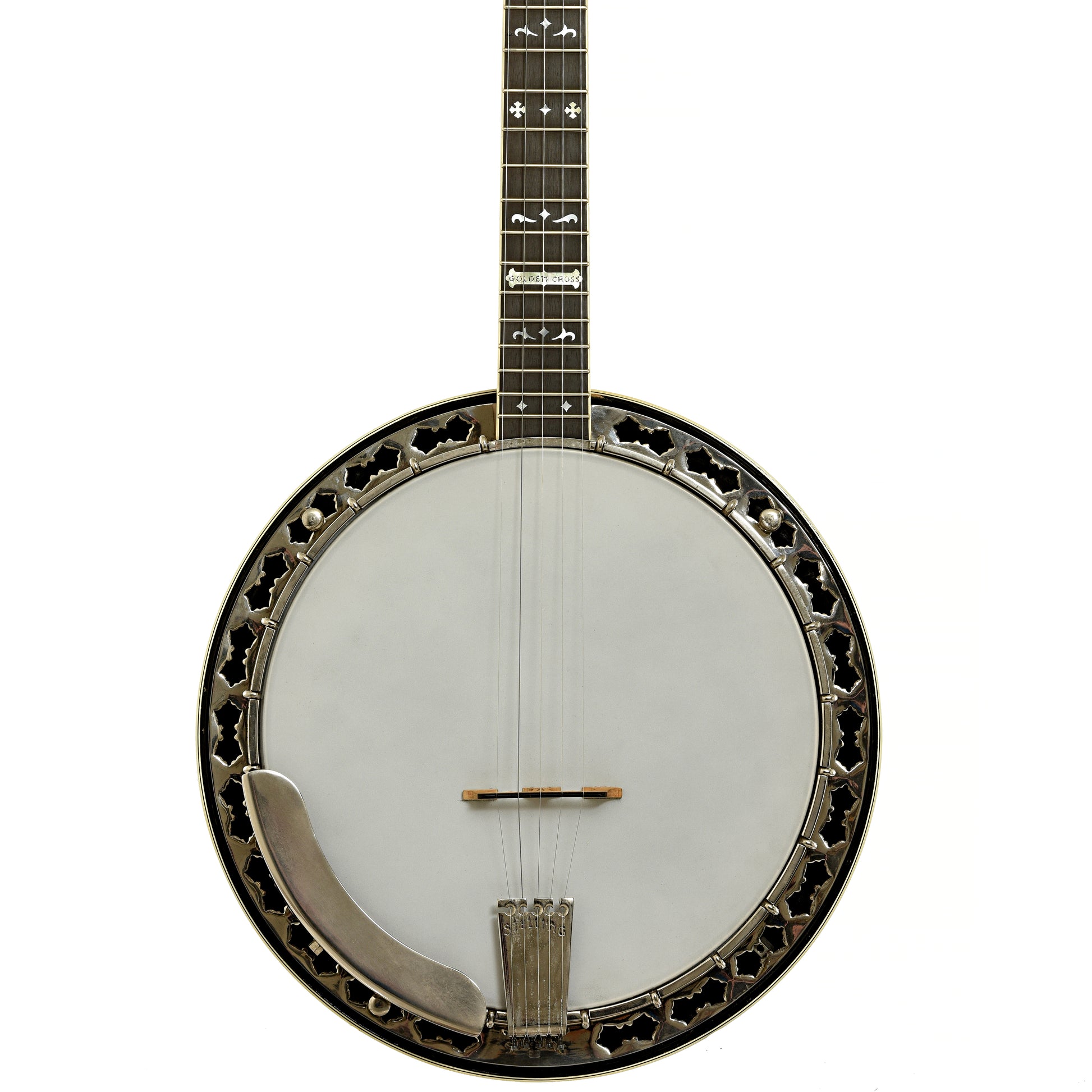 Front of Stelling Golden Cross Walnut Resonator Banjo