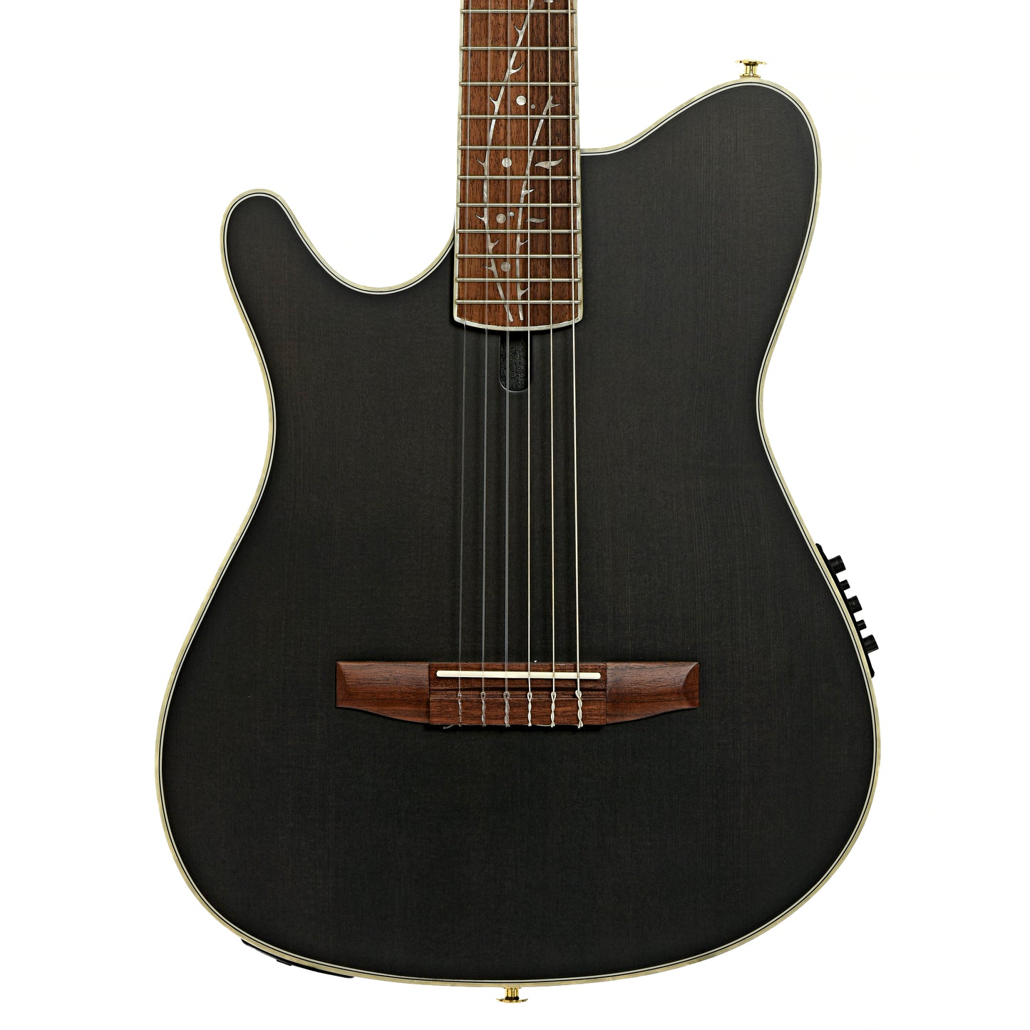 Front of Ibanez TOD10NL Tim Henson Signature Acoustic-Electric Nylon String Guitar - Left Handed, Transparent Black Flat