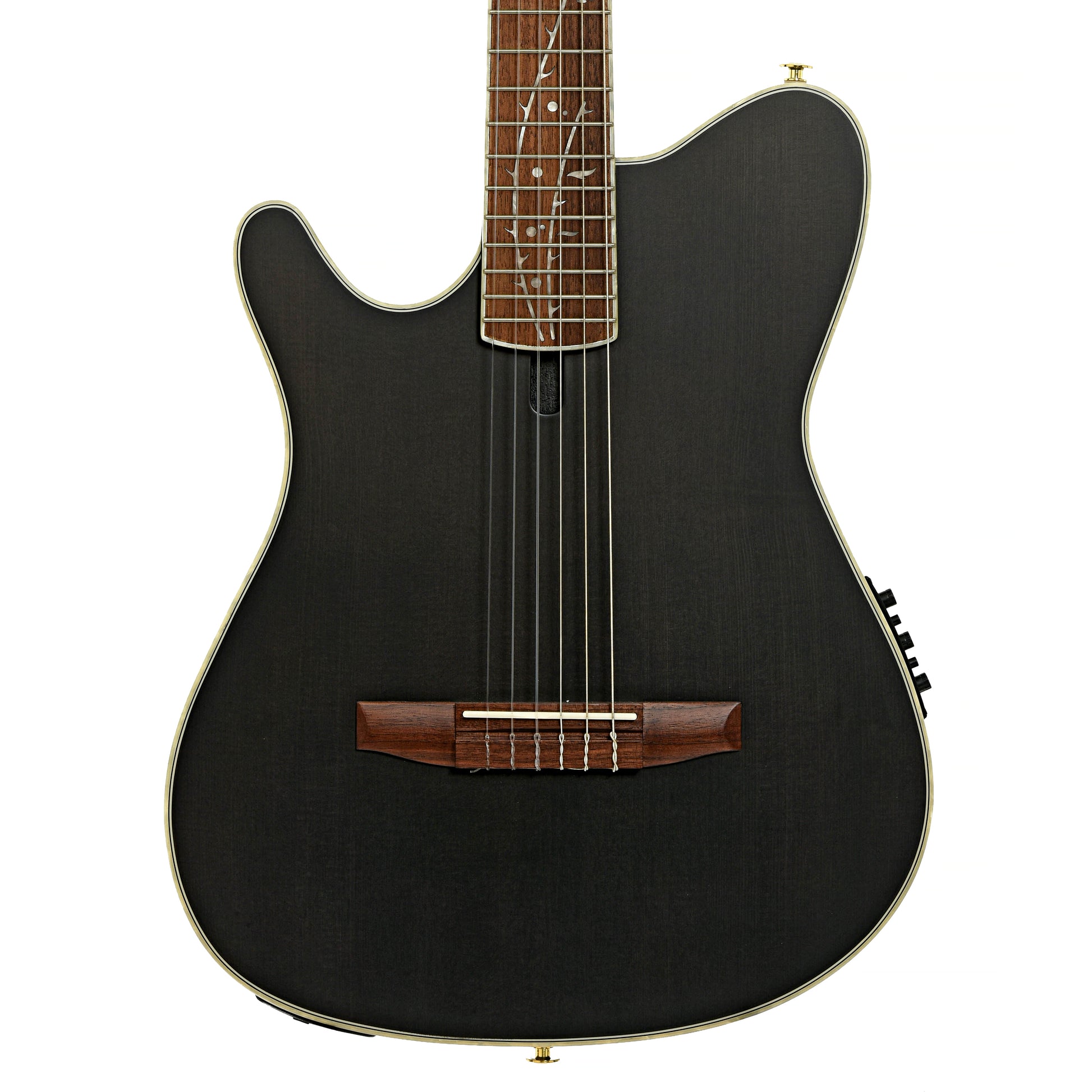 Front of Ibanez TOD10NL Tim Henson Signature Acoustic-Electric Nylon String Guitar - Left Handed, Transparent Black Flat
