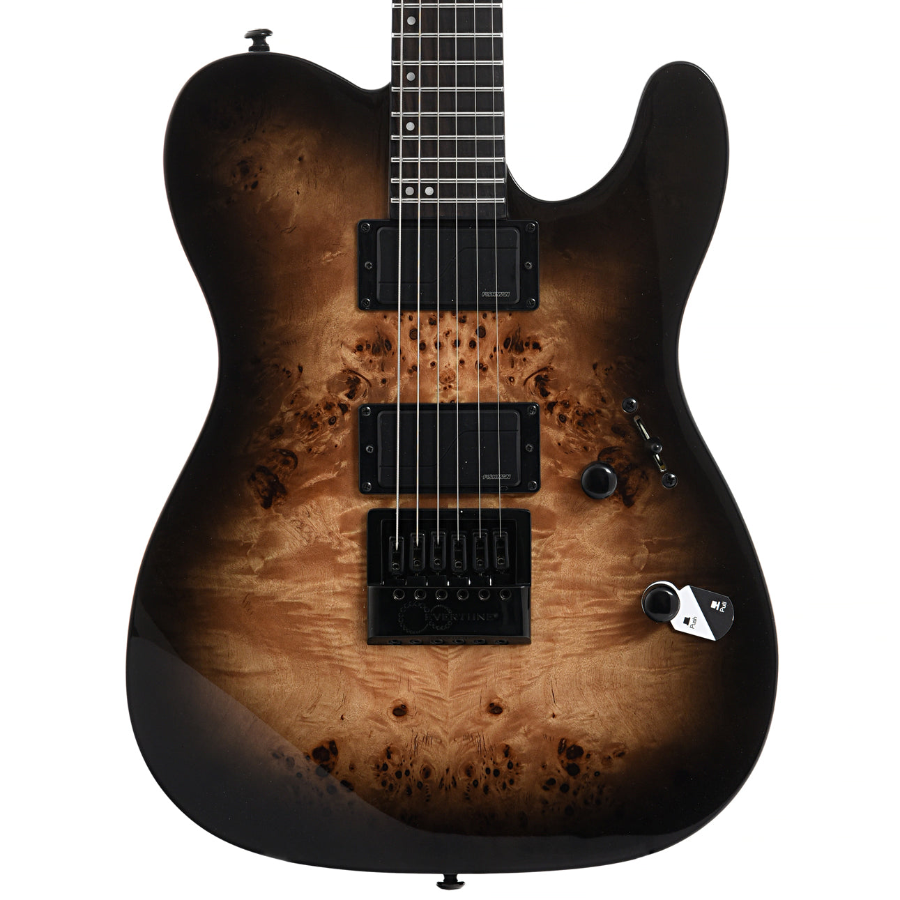 Front of ESP LTD TE-1000 Evertune Electric Guitar, Poplar Burl Charcoal Burst