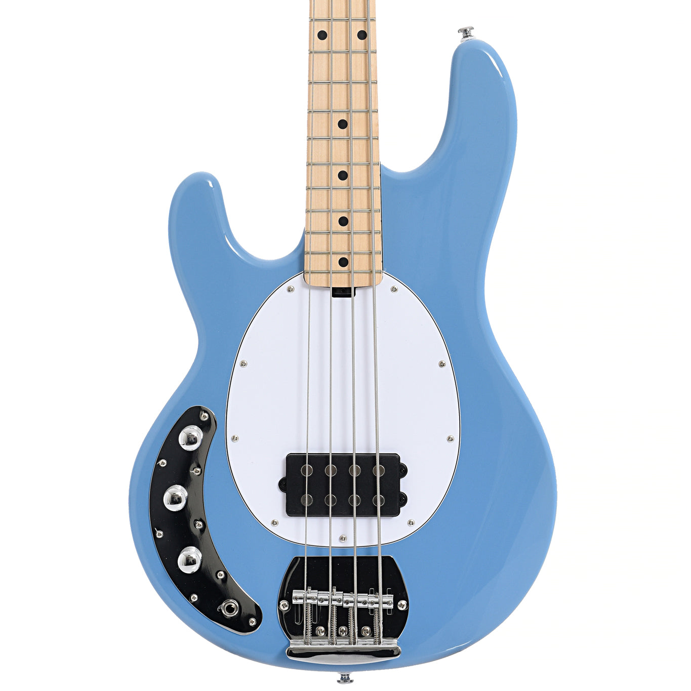 Front of Sterling by Music Man RAY4LH Left Handed 4-String Bass, Chopper Blue
