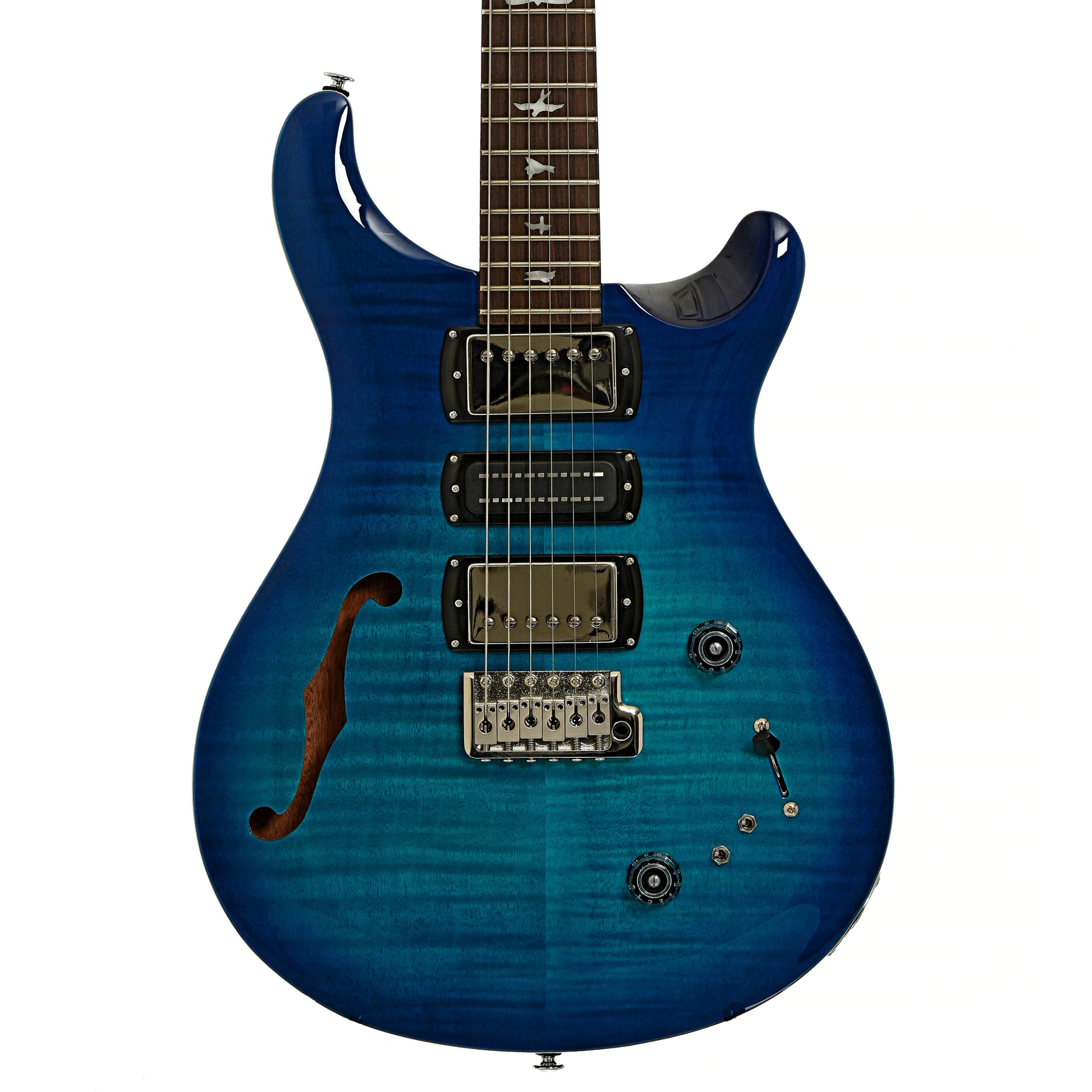 Front of PRS SE Special Semi-Hollow Electric Guitar Lake Blue