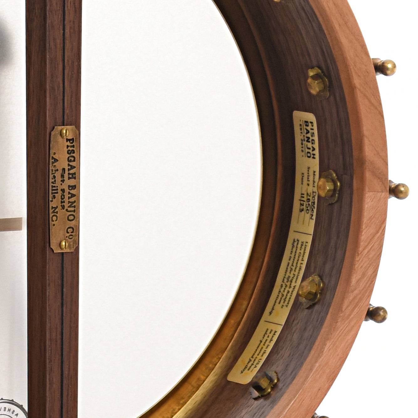 Inside rim of Pisgah Dobson Fretless Walnut Openback Banjo 