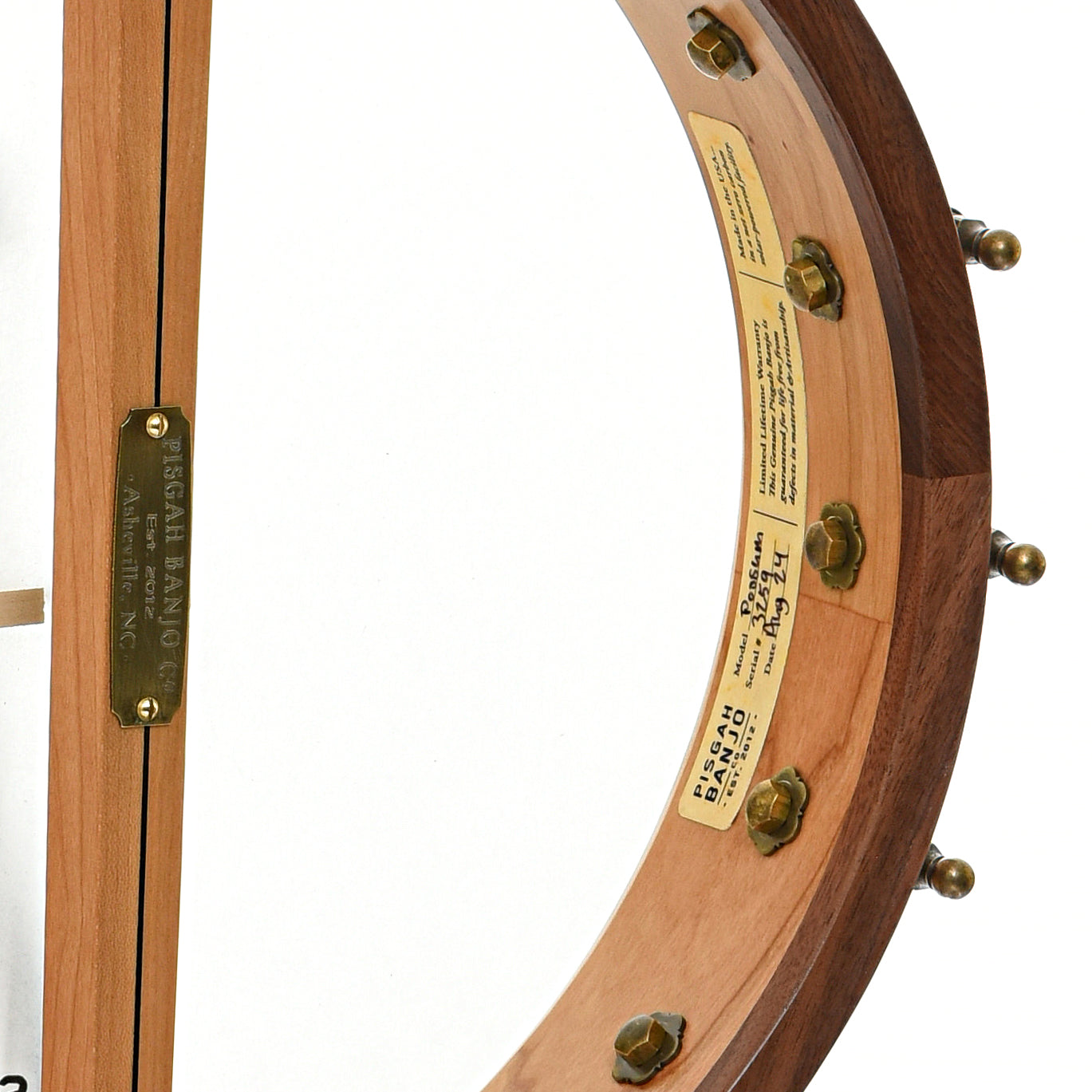 Inside rim of Pisgah Banjo Co. 12" Cherry Possum Openback Banjo, Short Scale 