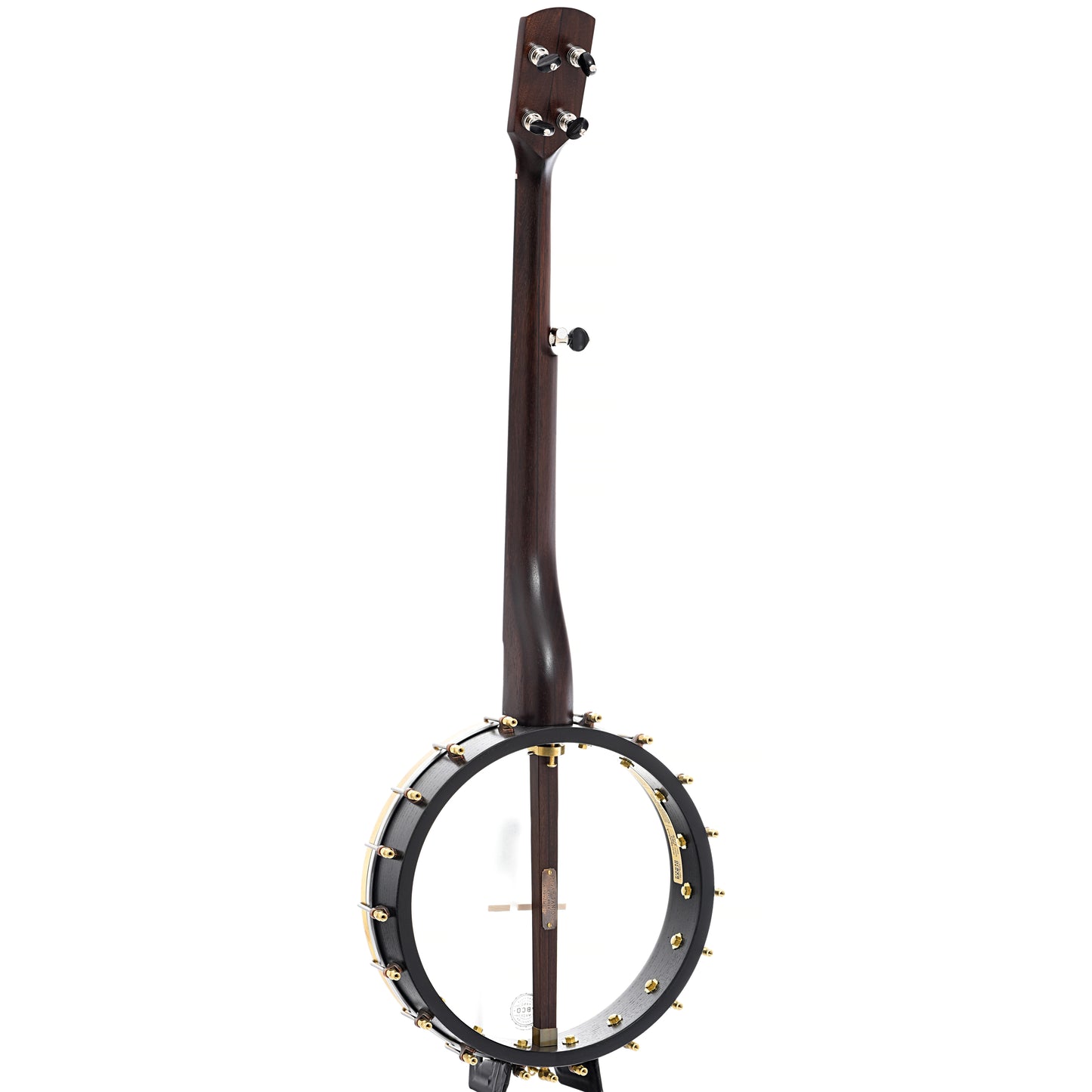 Full back and side of Pisgah Banjo Co. 12" Woodchuck Openback Banjo