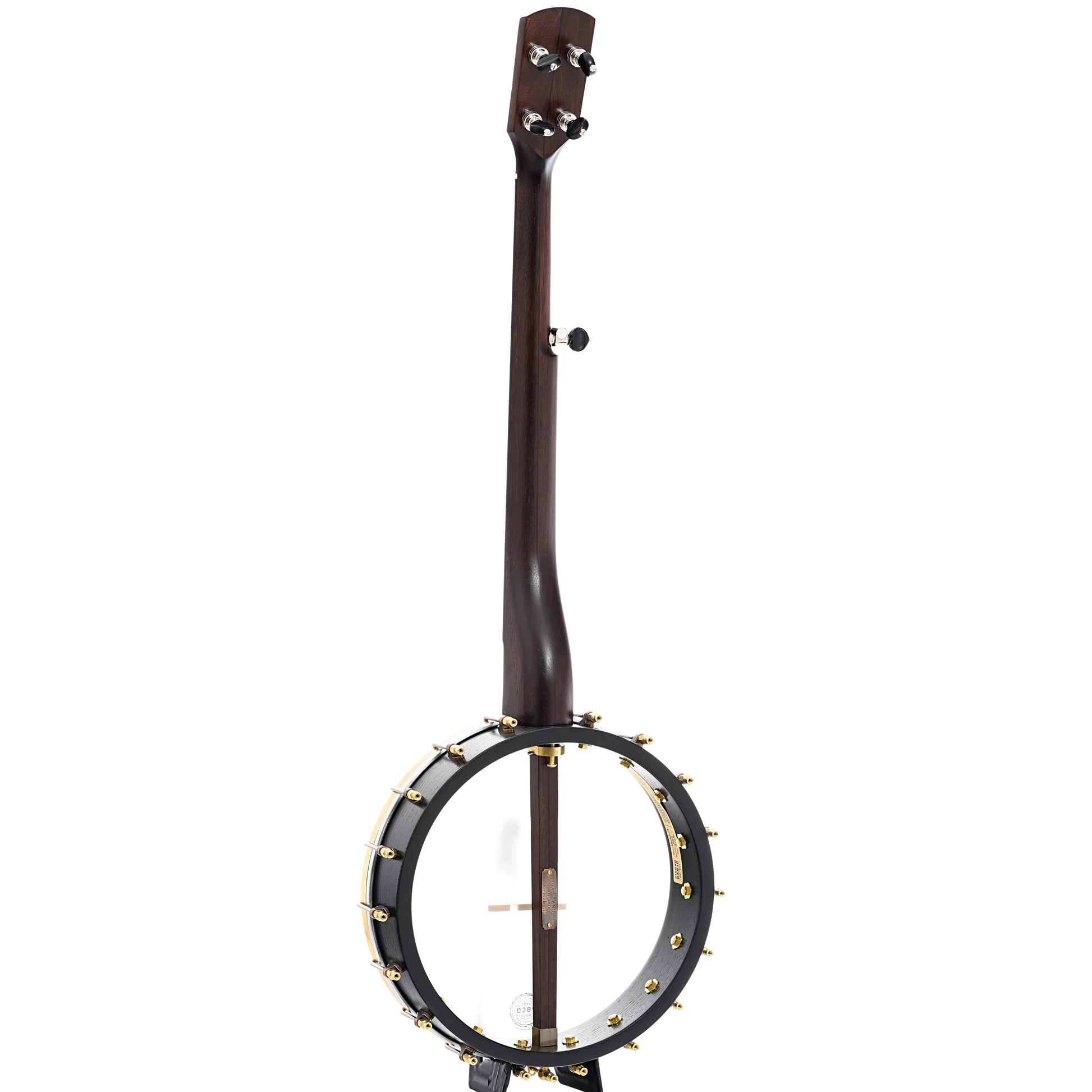 Full back and side of Pisgah Banjo Co. 12" Woodchuck Openback Banjo