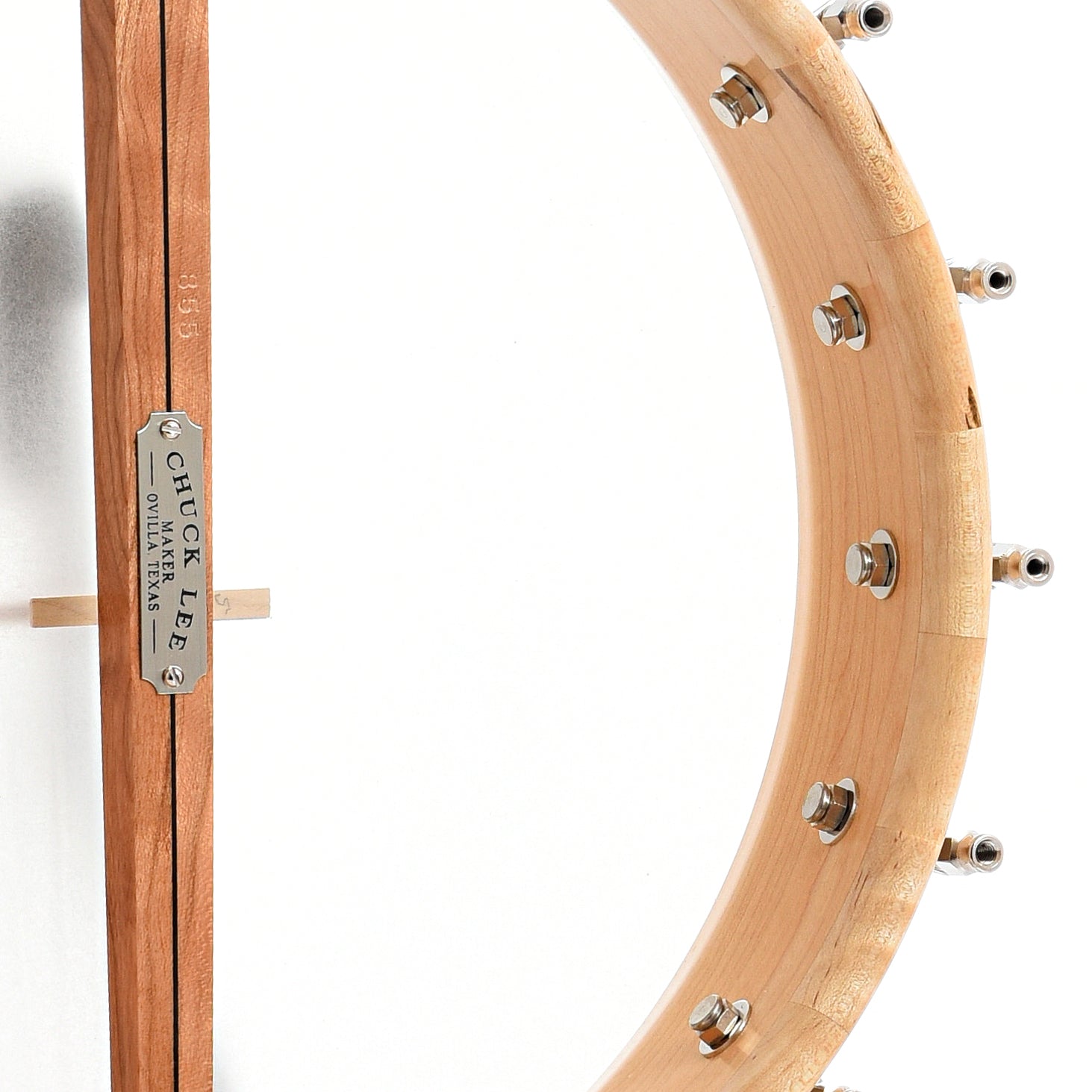 Inside rim of Chuck Lee Custom Lone Star 12 " Openback Banjo, Integral Wood Tone Ring