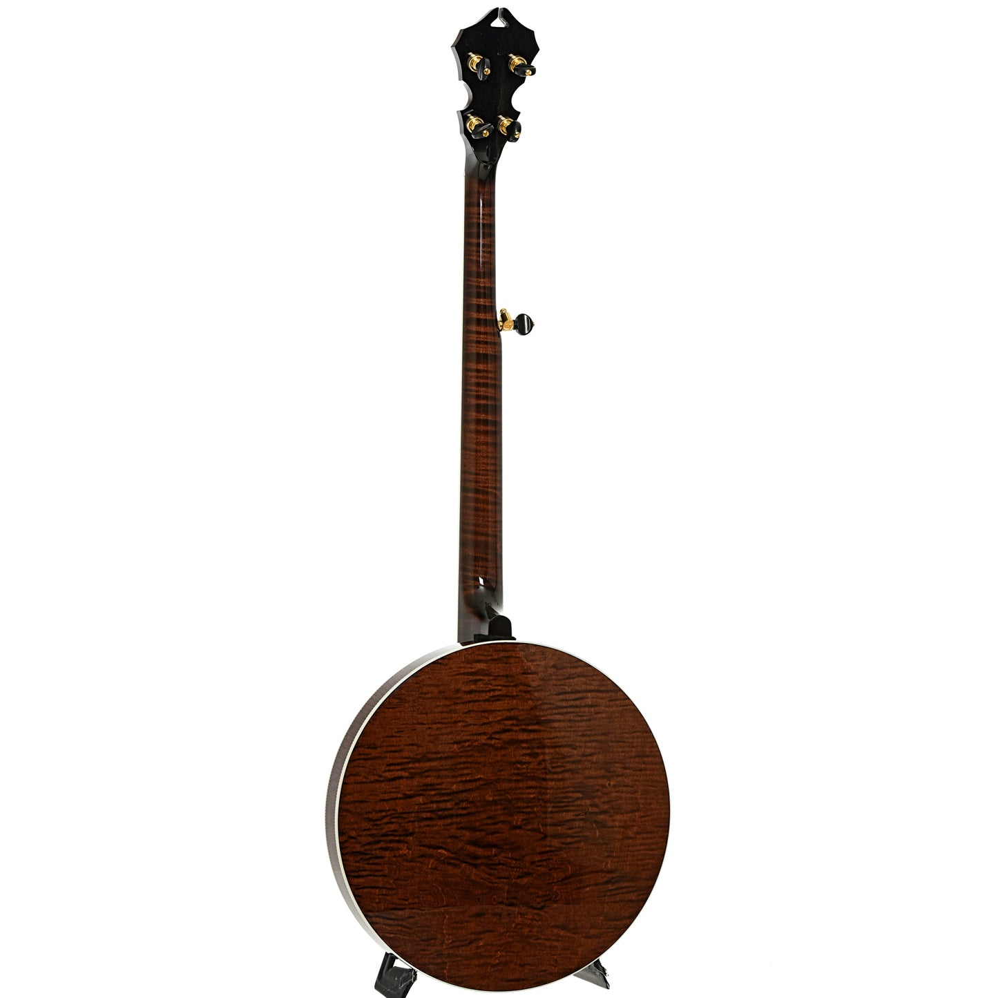 Full back and side of Capek Allegoria Gold Banjo & Case, Flame Maple