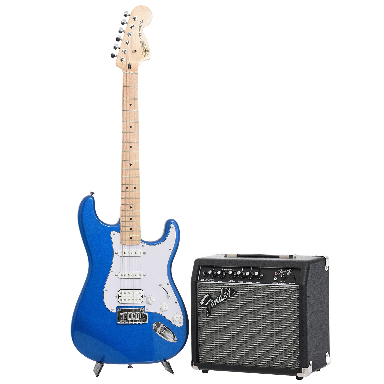 Front and amp of Squier Affinity Series Stratocaster HSS, Lake Placid Blue