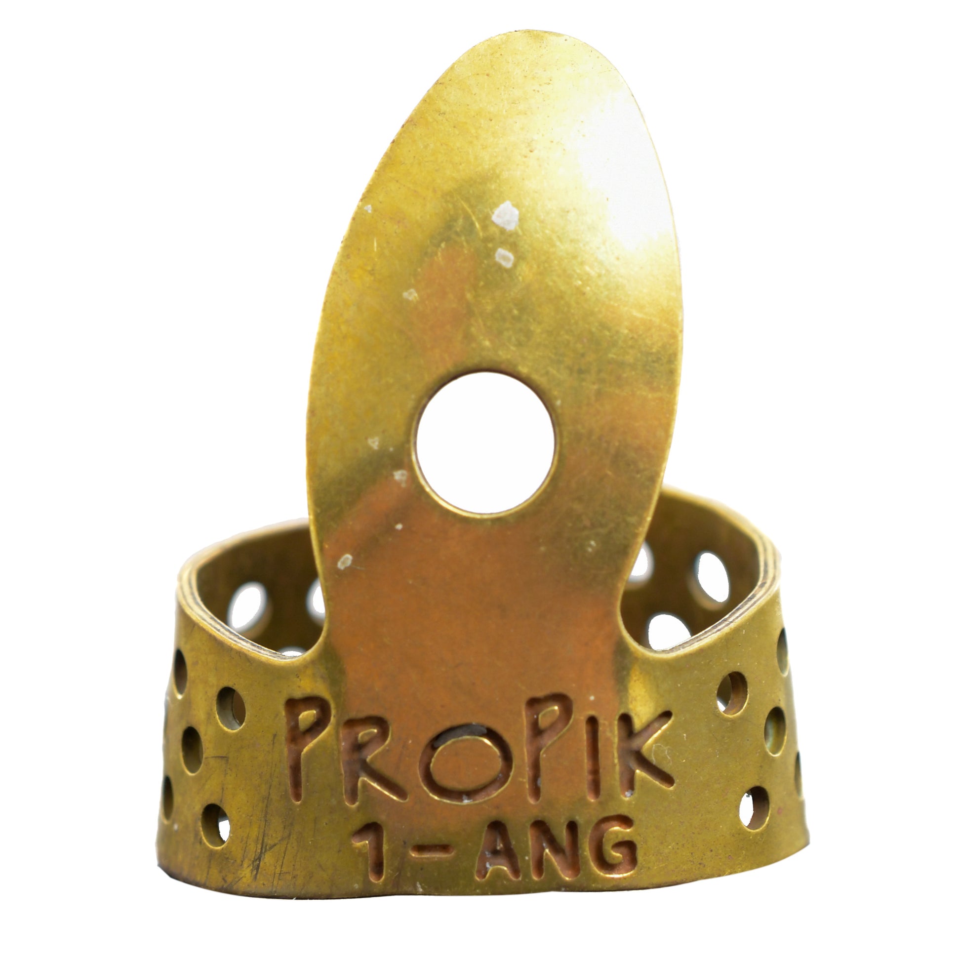 Front of Propik Brass "Fast Pick" Angled Fingerpick, Single Wrap, Blade 1