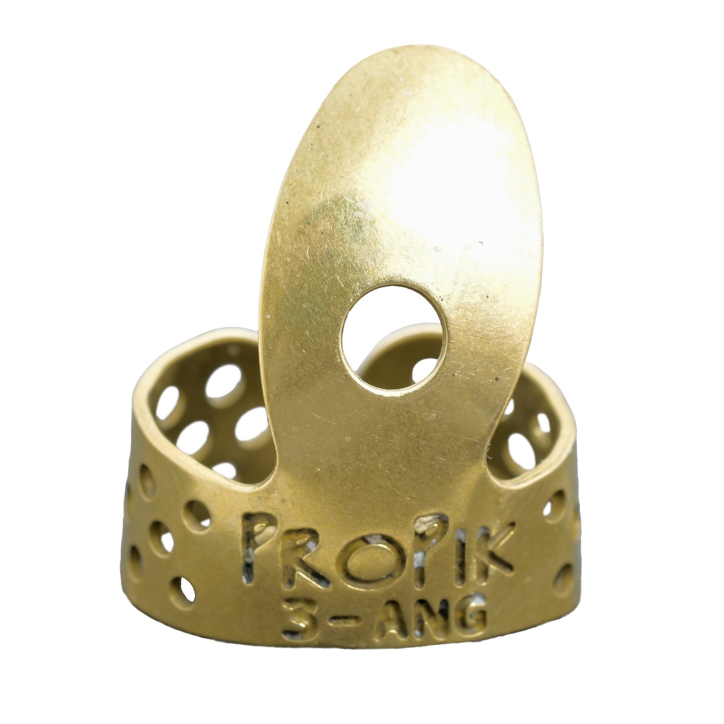 Front of Propik Brass "Fast Pick" Angled Fingerpick, Single Wrap, Blade 3