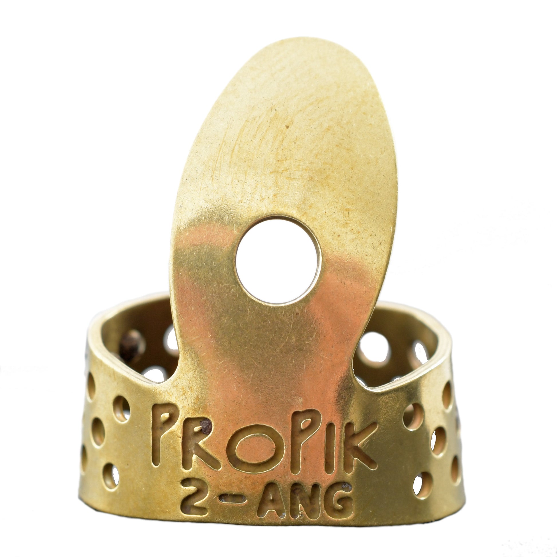 Front of Propik Brass "Fast Pick" Angled Fingerpick, Single Wrap, Blade 2