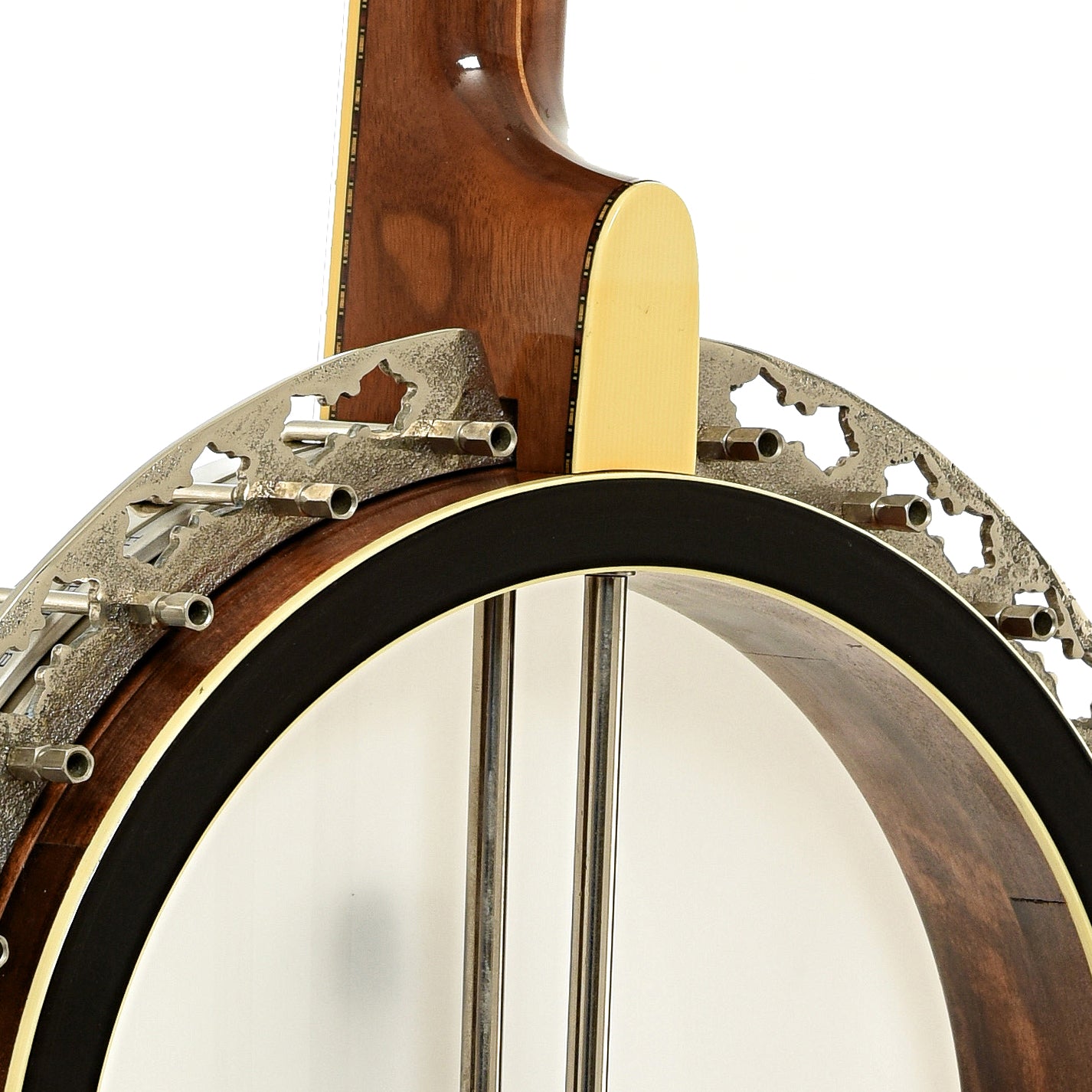 Neck joint and flange of Stelling Golden Cross Walnut Resonator Banjo