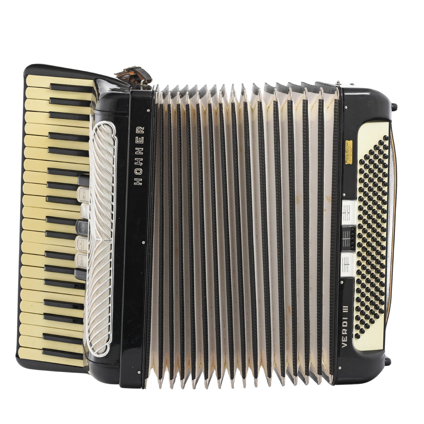 Front with bellows open of Hohner Verdi III Keyboard Accordion