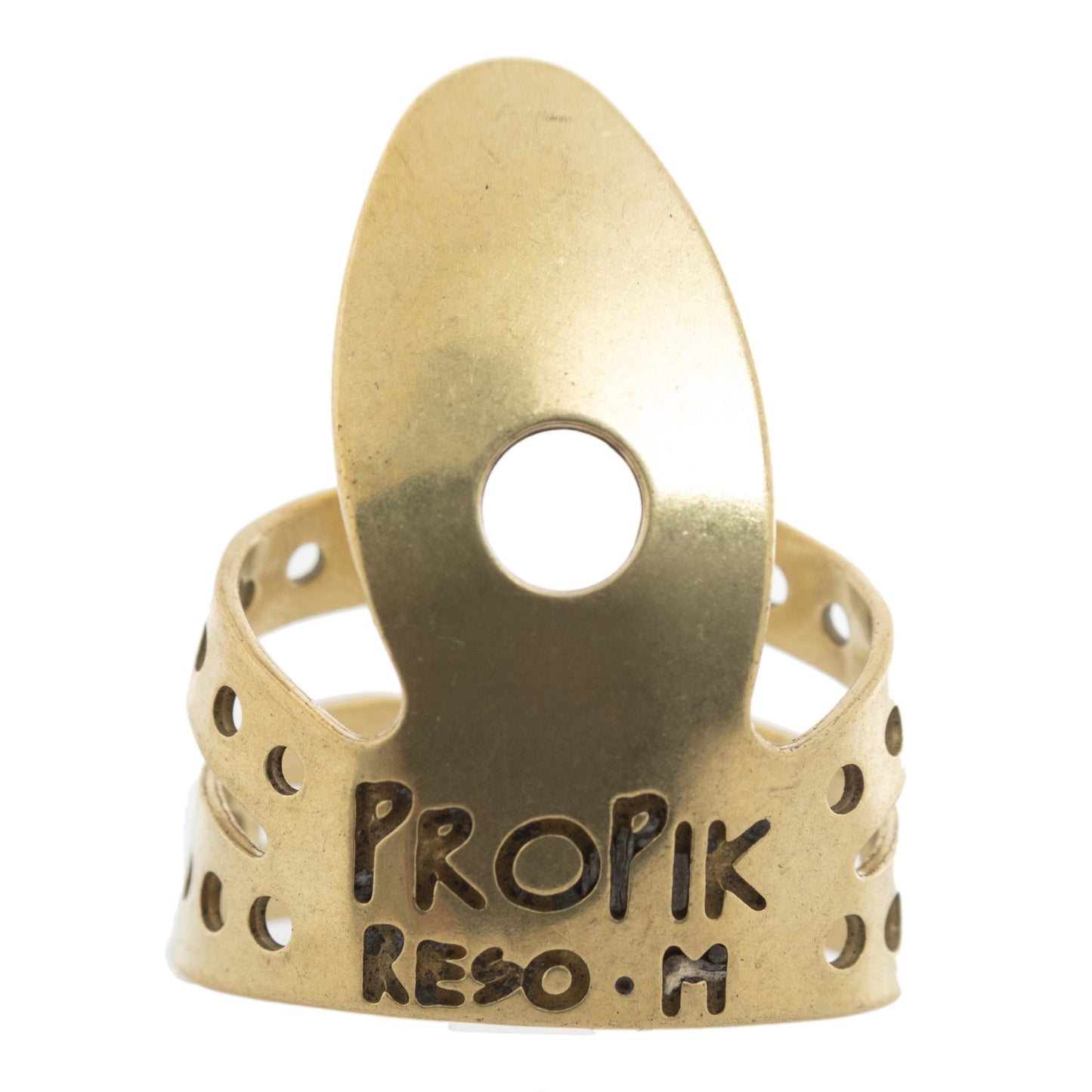 Front of Propik Brass Resophonic Guitar Fingerpick, Split Wrap, Medium