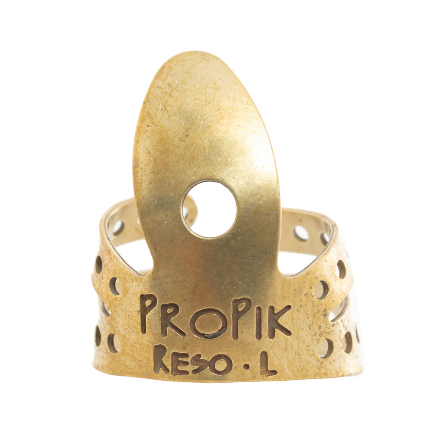 Front of Propik Brass Resophonic Guitar Fingerpick, Split Wrap, Large