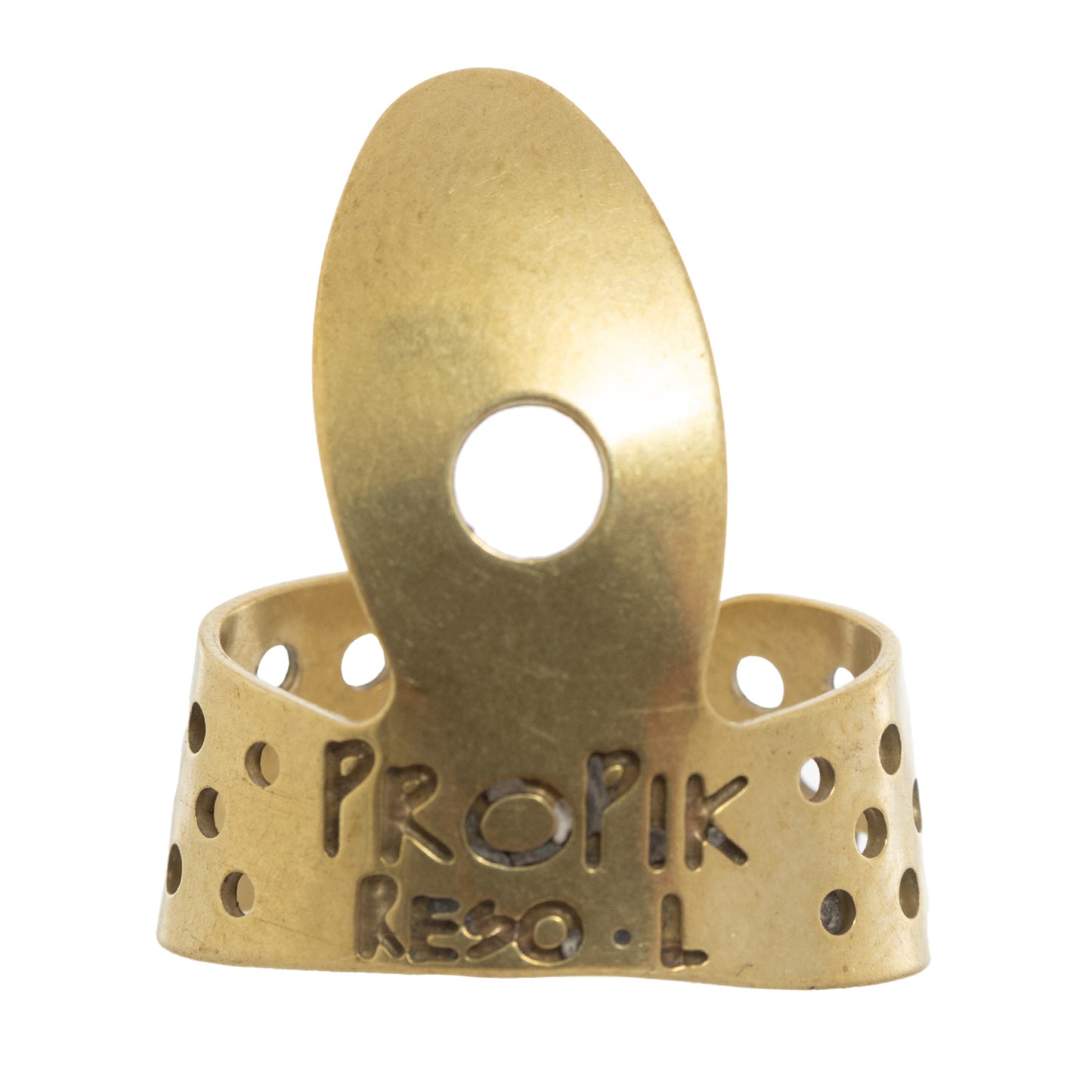 Front of  Propik Brass Resophonic Guitar Fingerpick, Single Wrap, Large