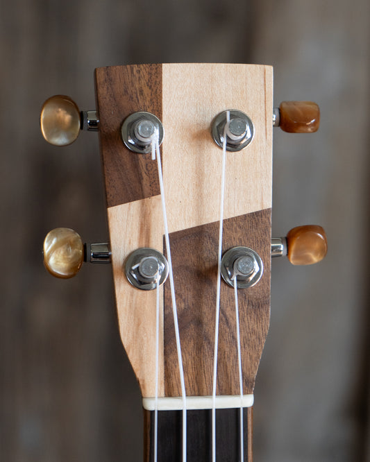 Showroom photo of headstock of Mya-Moe Walnut Custom Tenor Ukulele (2014)