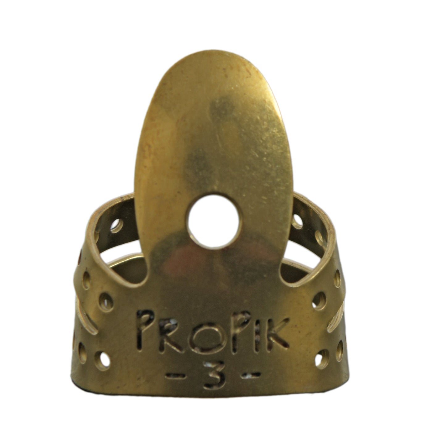 Front of Propik Brass Straight Fingerpick, Split Wrap, Blade 3